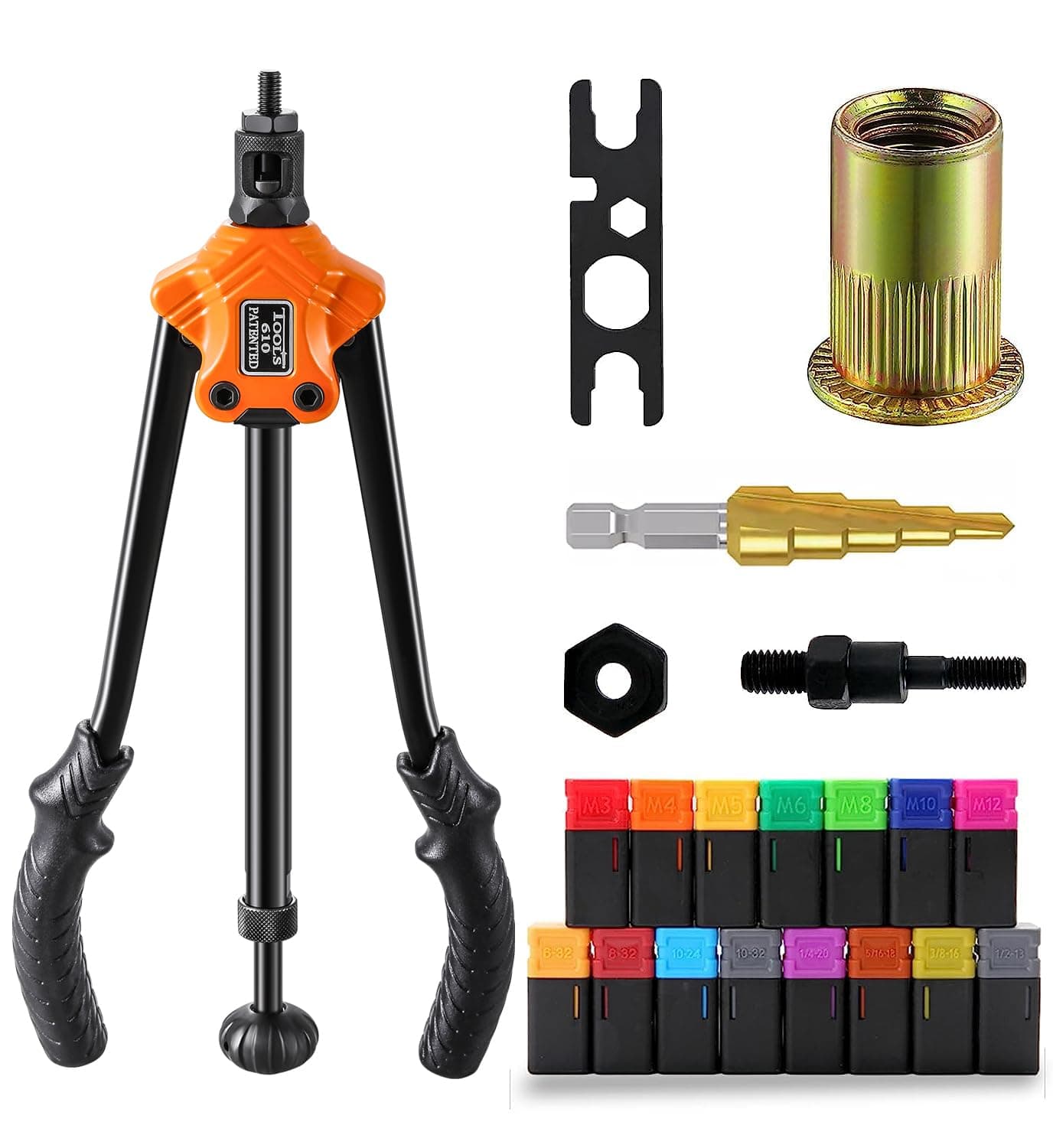 Rivet Nut Gun Professional Hand Tool Grip Lightweight, with 7 x Metric Mandrels 8 x SAE Mandrels 1 x Wrench Tool 1 x Pagoda Bit 100pcs Rivet Nuts and Sturdy Blow Moulded Carrying Case