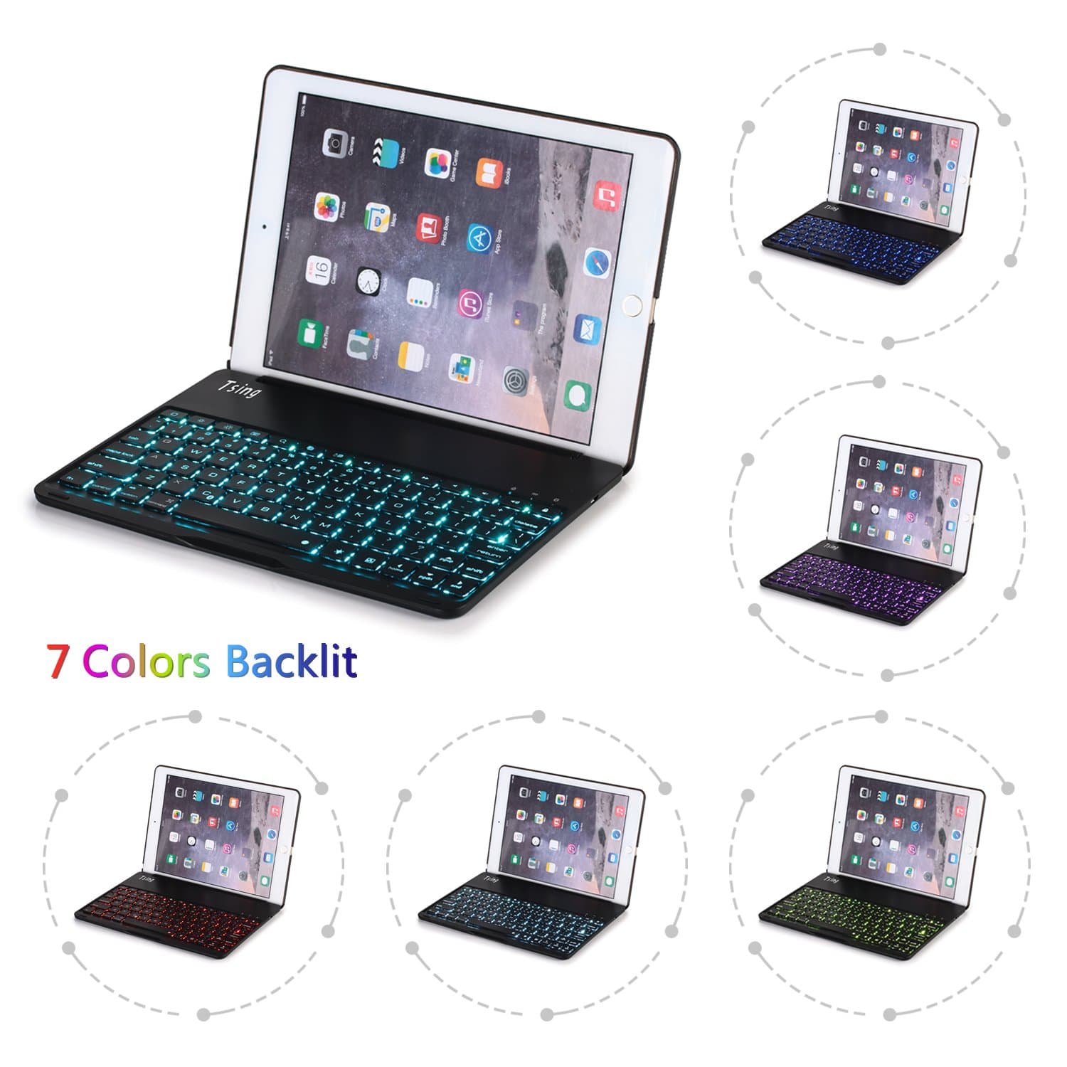 Tsing iPad Air 2 Keyboard Case, Bluetooth Keyboard for iPad Air 2 with 7 Colors Backlight, Backlit Aluminum Alloy Folio Flip Smart Case Cover - Black, Silver, Gold