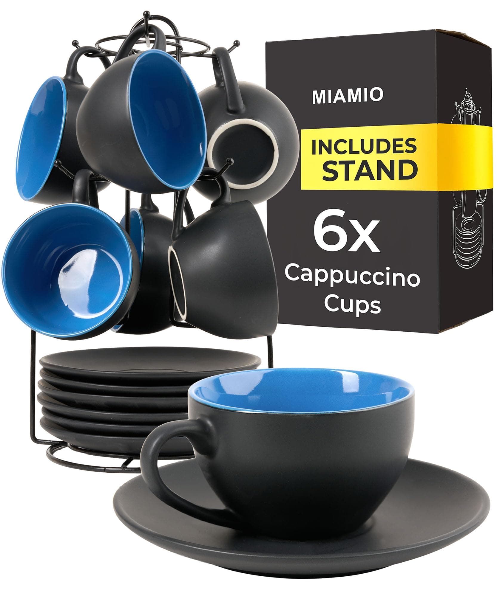 Set of 6, Ceramic Stackable Cappuccino Cups Set / 175 ml Cappuccino Mugs and Saucer with Metal Stand for Coffee Drinks Cafe Latte Americano and Tea - Le Papillon Collection