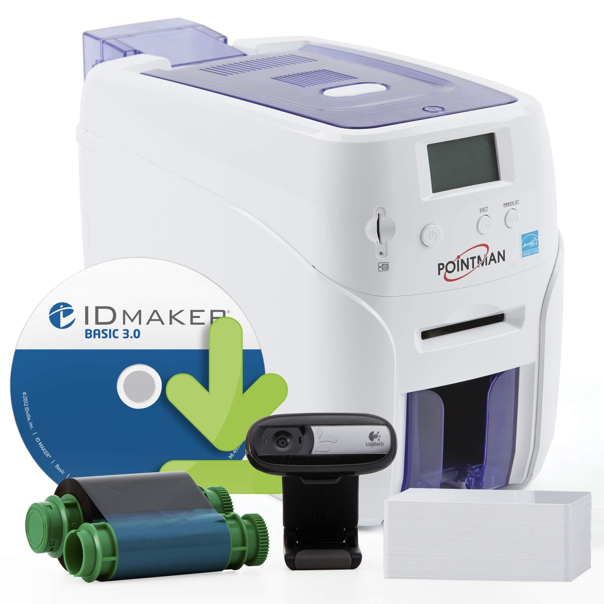 Pointman Nuvia N20 1-Sided ID Card Printer & Complete Supplies Bundle with ID Badge Design Software and Camera