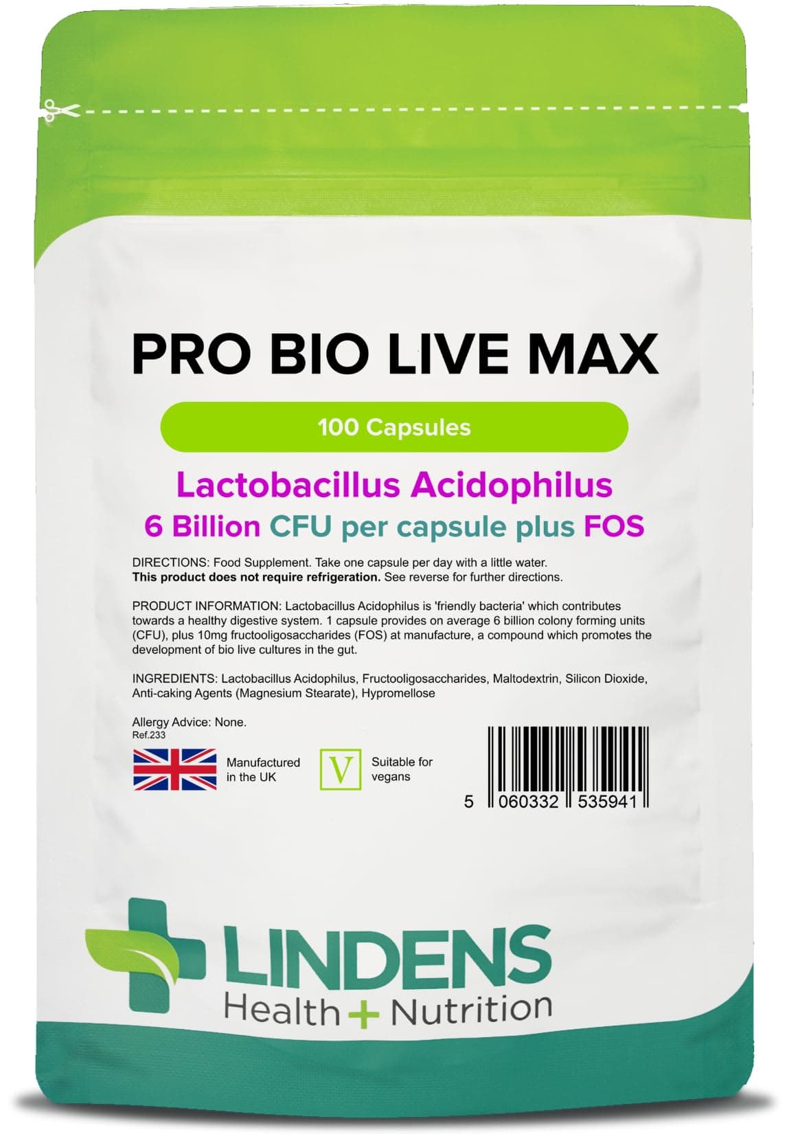 Pro Bio Live Max 6 Billion CFU Capsules - 100 Pack - UK Made - Contributes to a Healthy Gut and Supports Digestion - Probiotic Vegetarian Capsules - Letterbox Friendly, Vegan