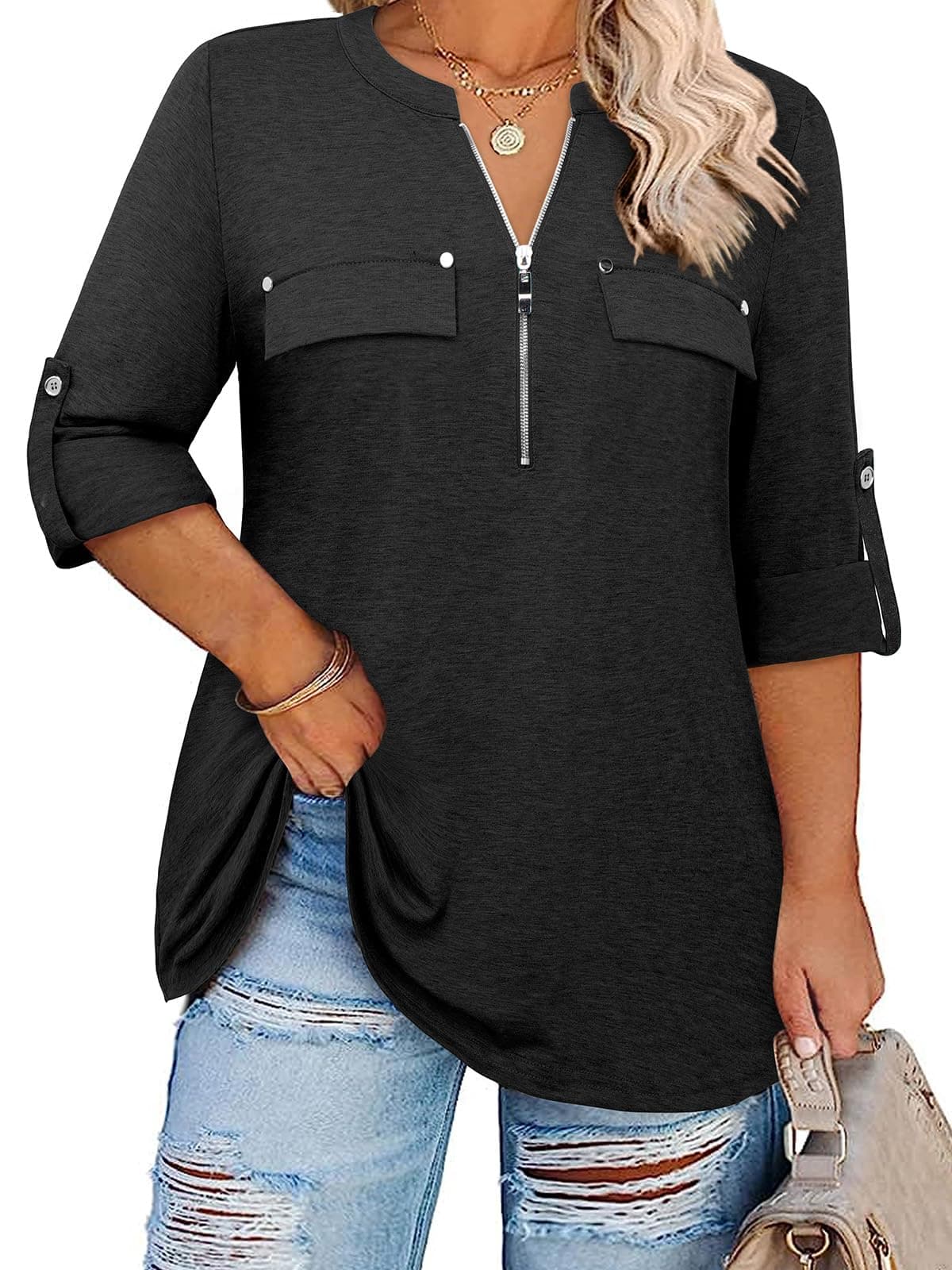 Siddhe Women 3/4 Sleeve Plus Size Tunics Zip Front V-Neck Tops Casual Loose Fit T Shirt Blouse