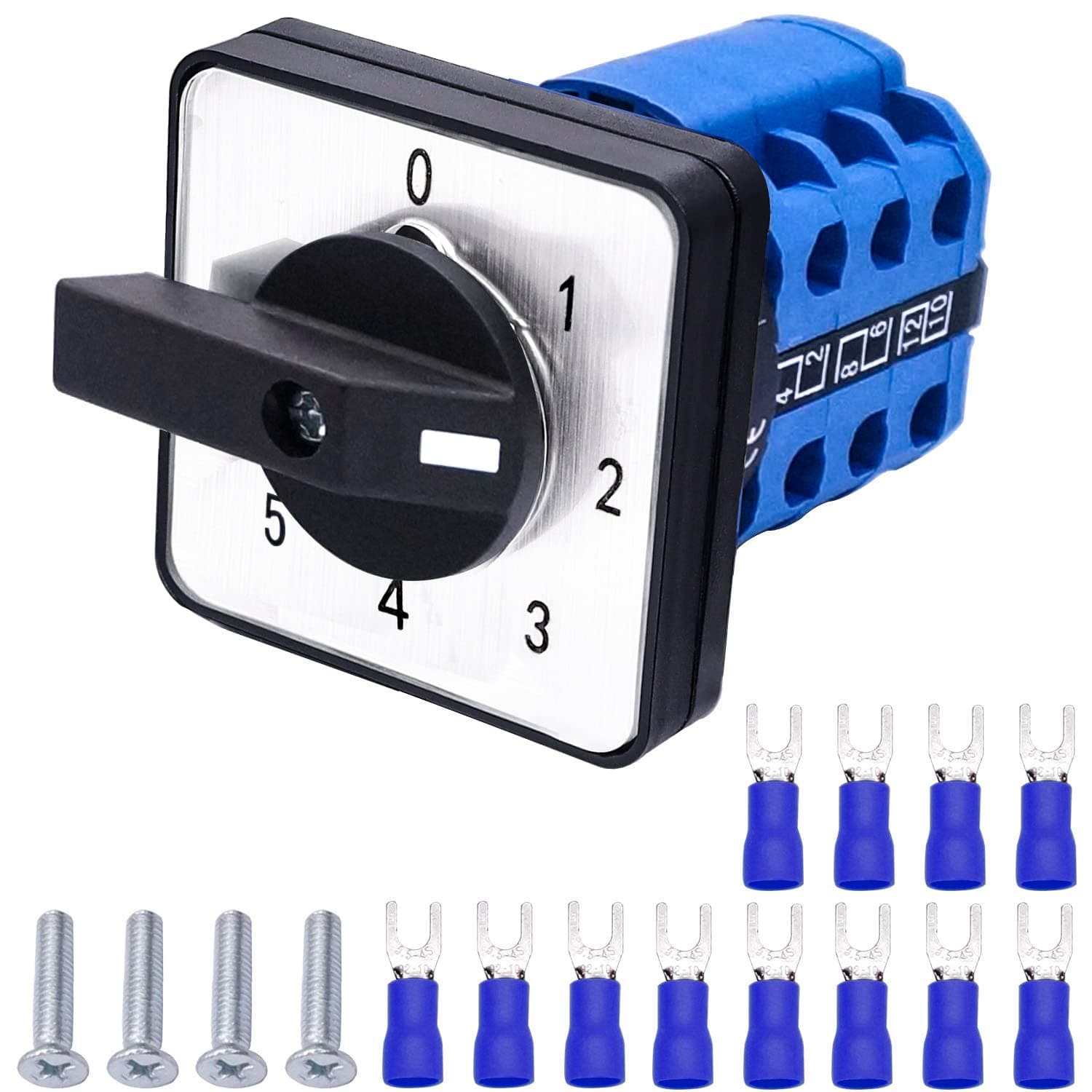 Taiss Universal Changeover Switch 20A 550V 5 Position 12 Terminals Latching Rotary Cam Selector Switch + SV2-4s Blue Connection Terminal LW26-20 0-5/3