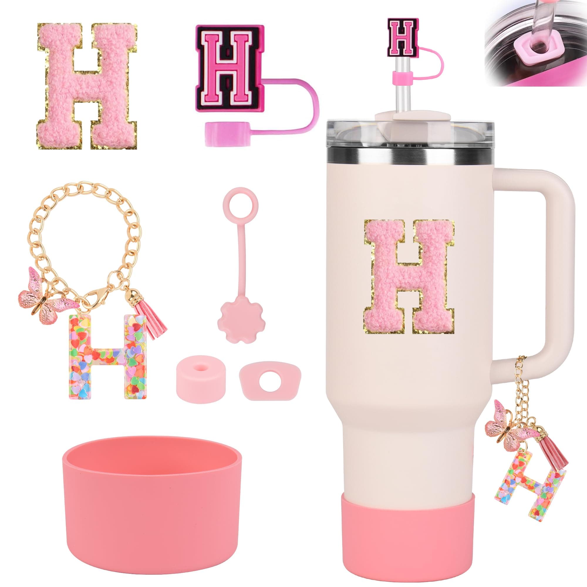 Stanley Cup Accessories Set for Stanley Cup 30oz 40oz, Stanley Tumbler Accessories Including Silicone Straw Cover Cap and Boot, Spill Proof Stopper, Cute Letter Keychain Handle Charm, Sticker (H)