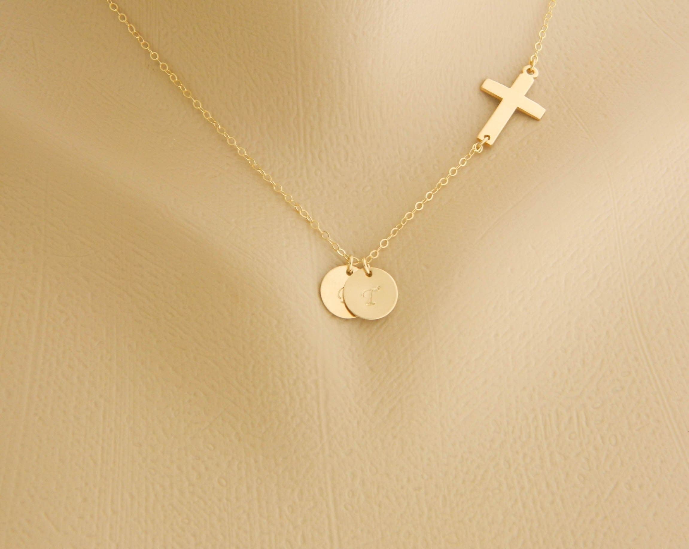 Sideway Cross Hand stamped Initial Necklace, Round Disc Initial Necklace, Gift for Mother, Child Name Necklace, New Mom, GOLD Filled, Sterling silver, Christmas gift