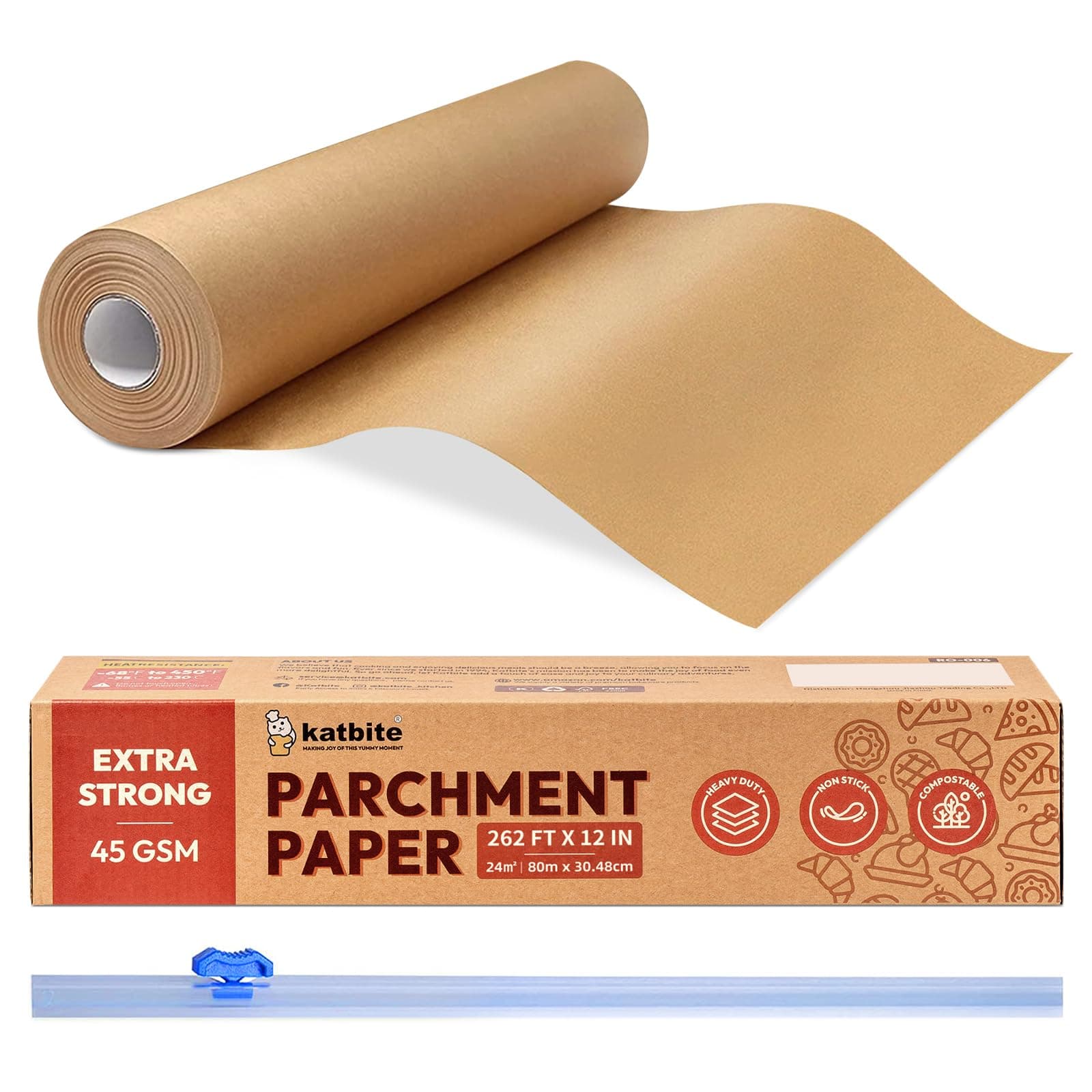 Katbite Heavy Duty Parchment Paper Roll for Baking (brown, 12 in x 262 ft)