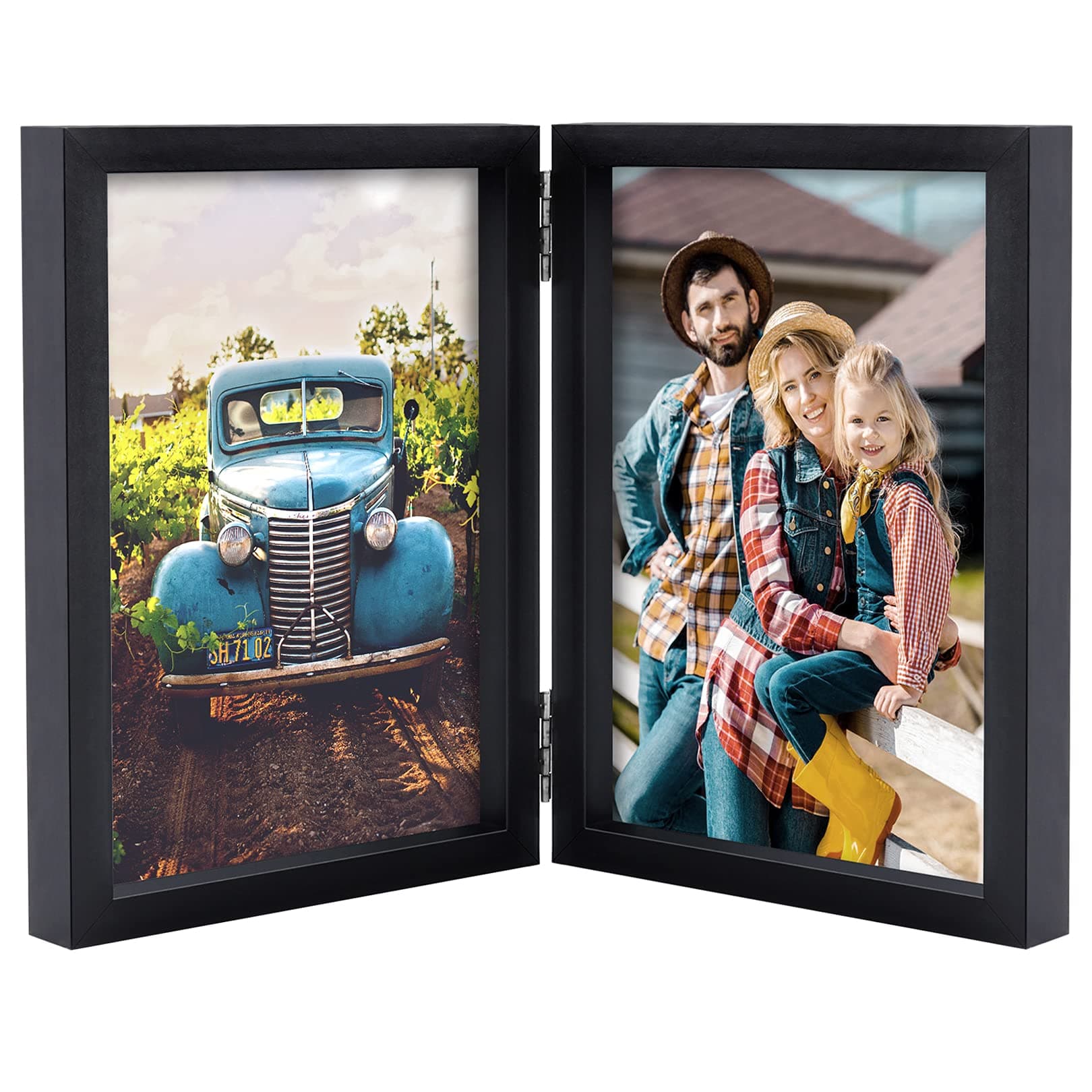 AEVETE 5x7 Picture Frames Double Hinged Wood Folding Photo Frames Vertical with Plexiglass Front, Black