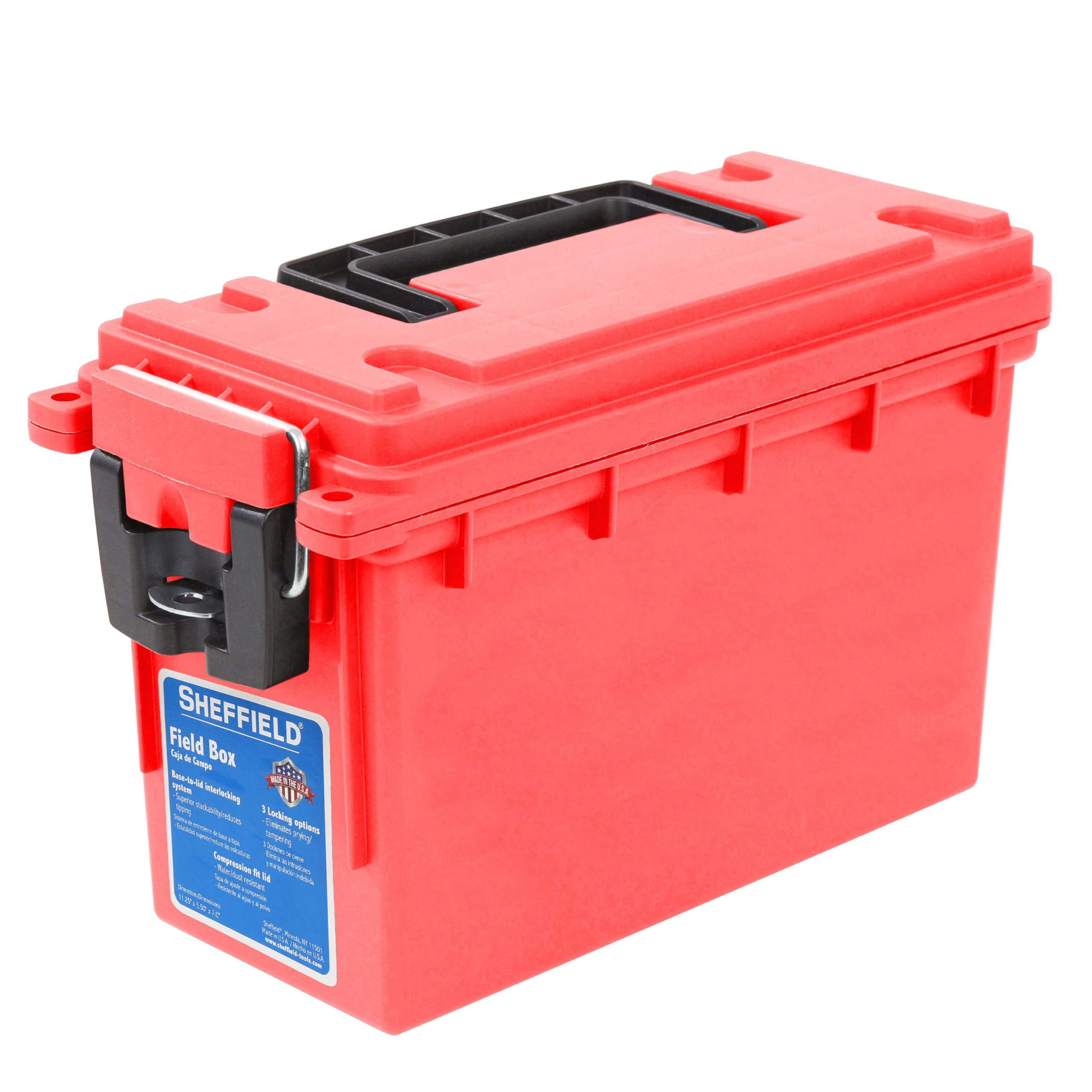 Sheffield 12636 Ammo Storage Box, Stackable .30 Cal Field Boxes, Water and Dust Resistant, Lockable Storage Box with Handle, Secures Hunting Gear, Supplies, and Bullets, Made in USA, Red, 1-Pack