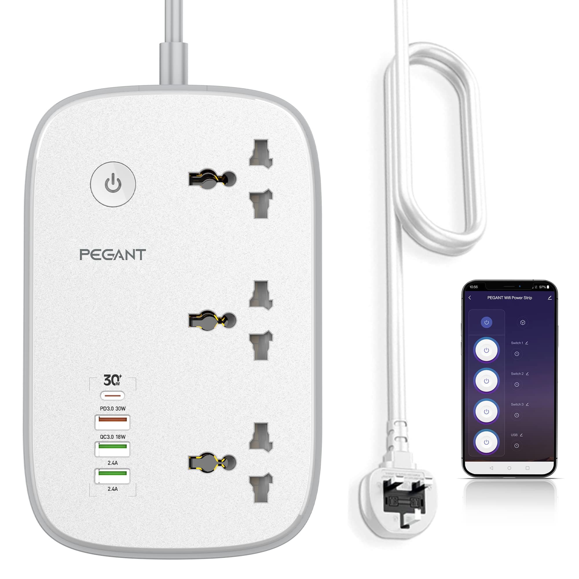 PEGANT Wifi Smart Power Strip Extension Cord Surge Protector Socket Multi Plug, Compatible with Alexa & Google Assistant, 3 Universal Electrical Outlets, 30W USB-C Fast Charging, 4 USB-A, 2M Cable