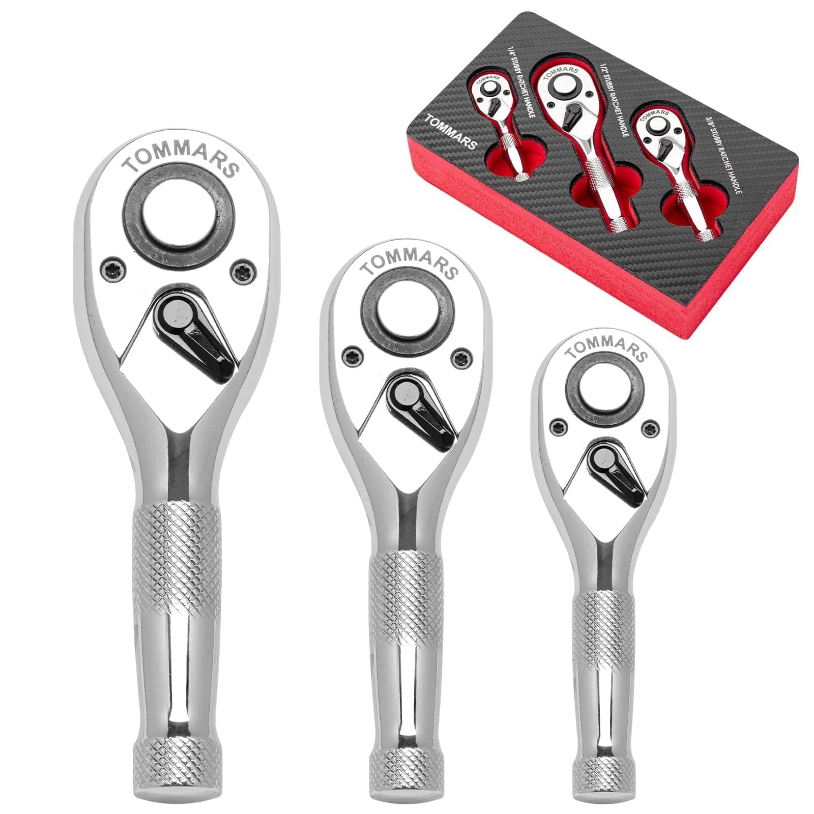 TOMMARS Stubby Ratchet Set, 1/4", 3/8", 1/2" Drive Ratchet Handle Wrench 72-Tooth Quick-Release Reversible, Gift for Men Mechanic Hand Tools