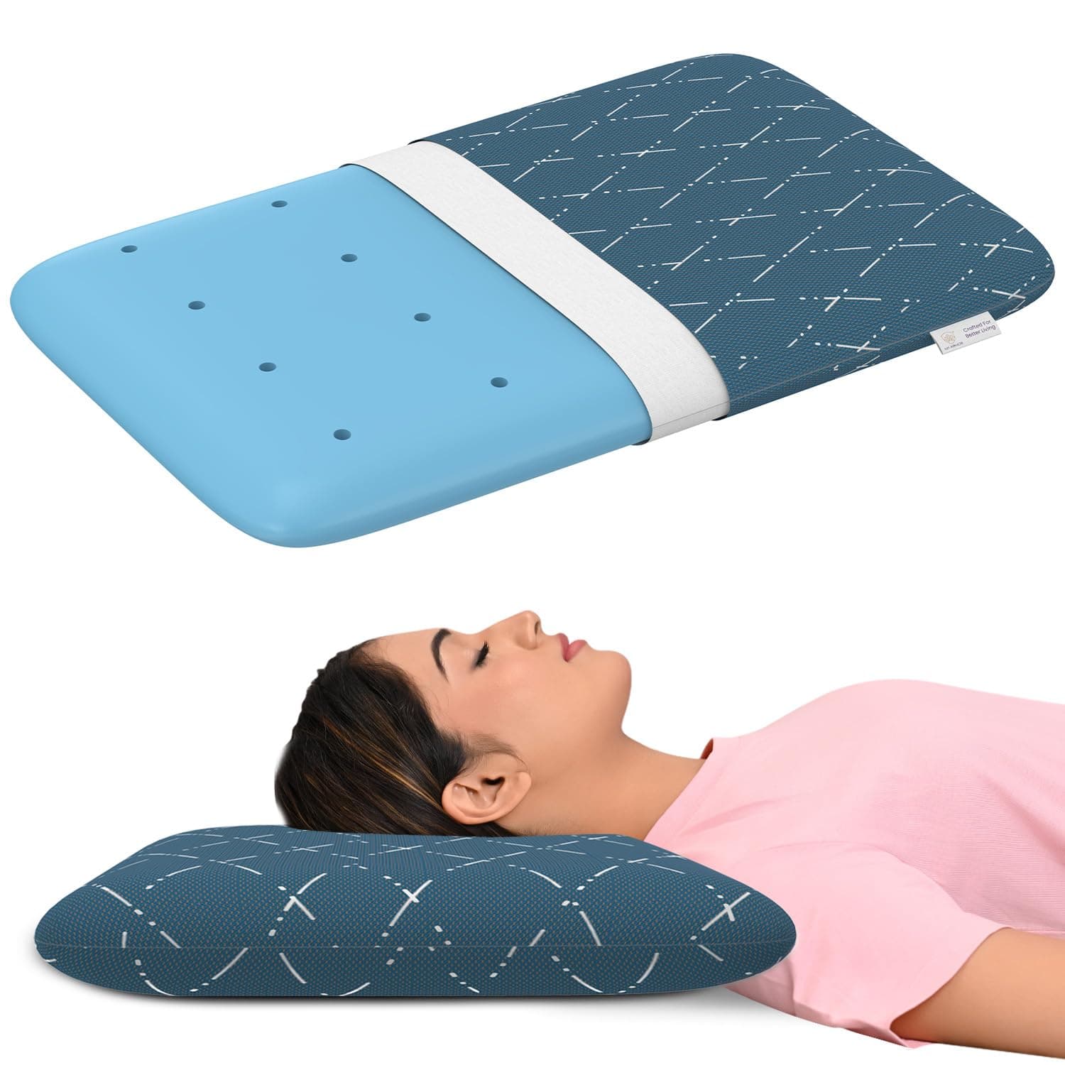 MY ARMOR Cool Gel Memory Foam Pillow Thin Size - 3 Inches, Orthopedic Pillow for Sleeping & Neck Pain Relief, Washable Blue Checks Cover - Pack of 1