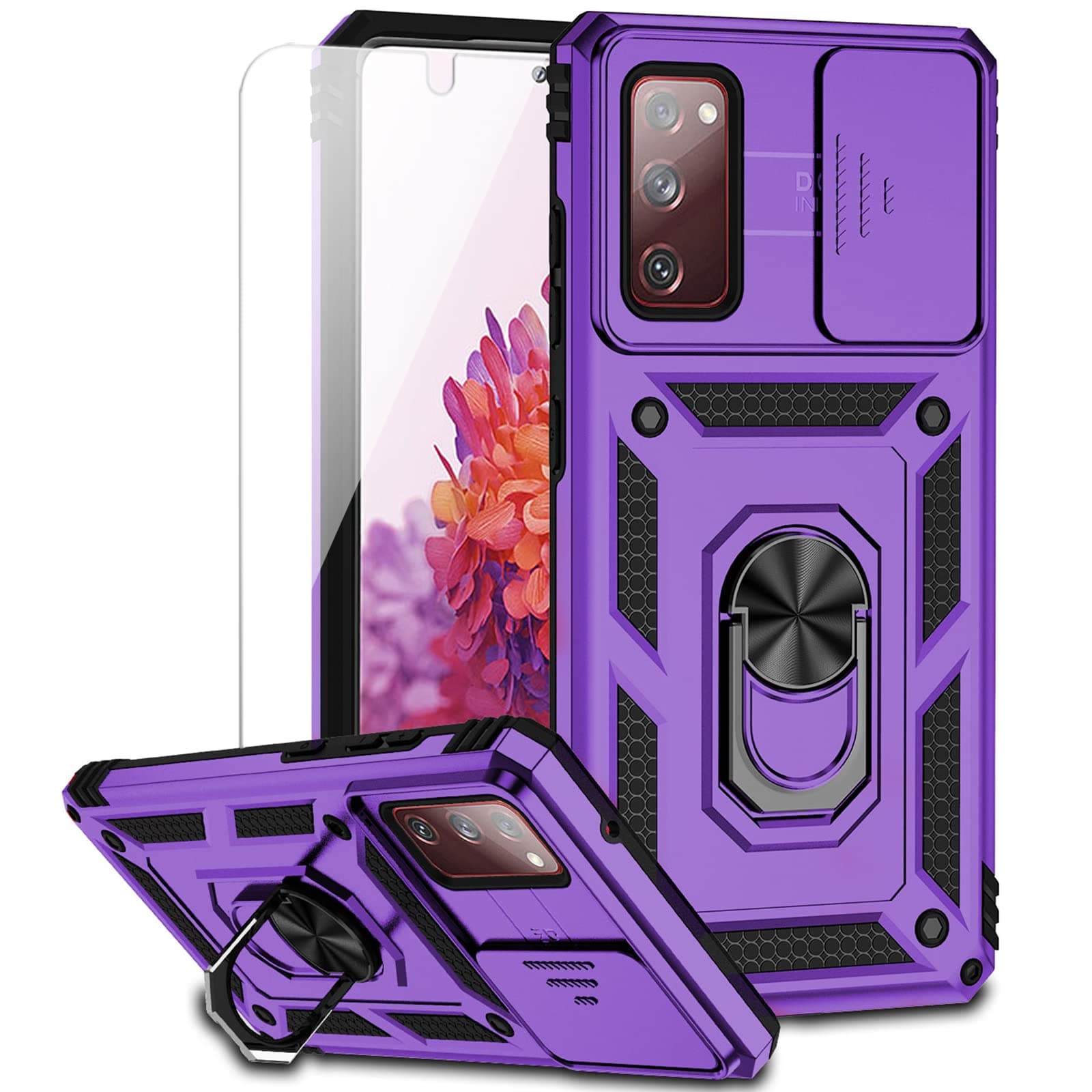 for Samsung Galaxy S20 FE 5G Case with Camera Lens Cover HD Screen Protector, Military-Grade Drop Tested Magnetic Ring Holder Kickstand Protective Phone Case for Samsung Galaxy S20 FE 5G, Purple