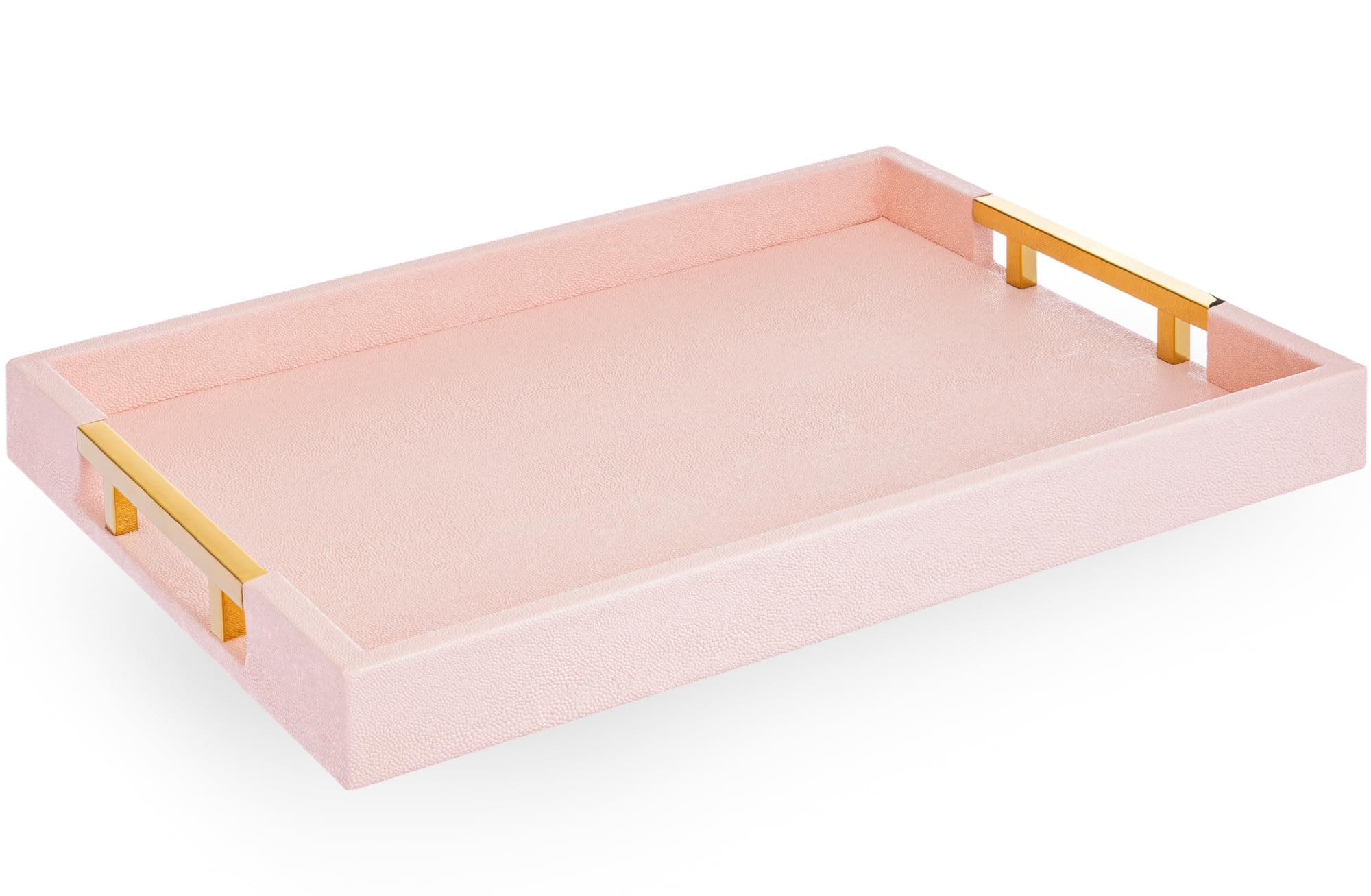 Modern Elegant 17.5"x12" Rectangle Baby Pink Tray Glossy Shagreen Faux Leather Decorative Ottoman Coffee Table Perfume Dresser Kitchen Serving Tray with Gold Polished Metal Handles.