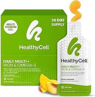 Vegan Daily Multivitamin Liquid Supplement with Iron and Omega-3, 25+ Essential Vitamins, Minerals & Nutrients for Brain & Heart Health, Immune Support & Energy - 30 Gel Packs