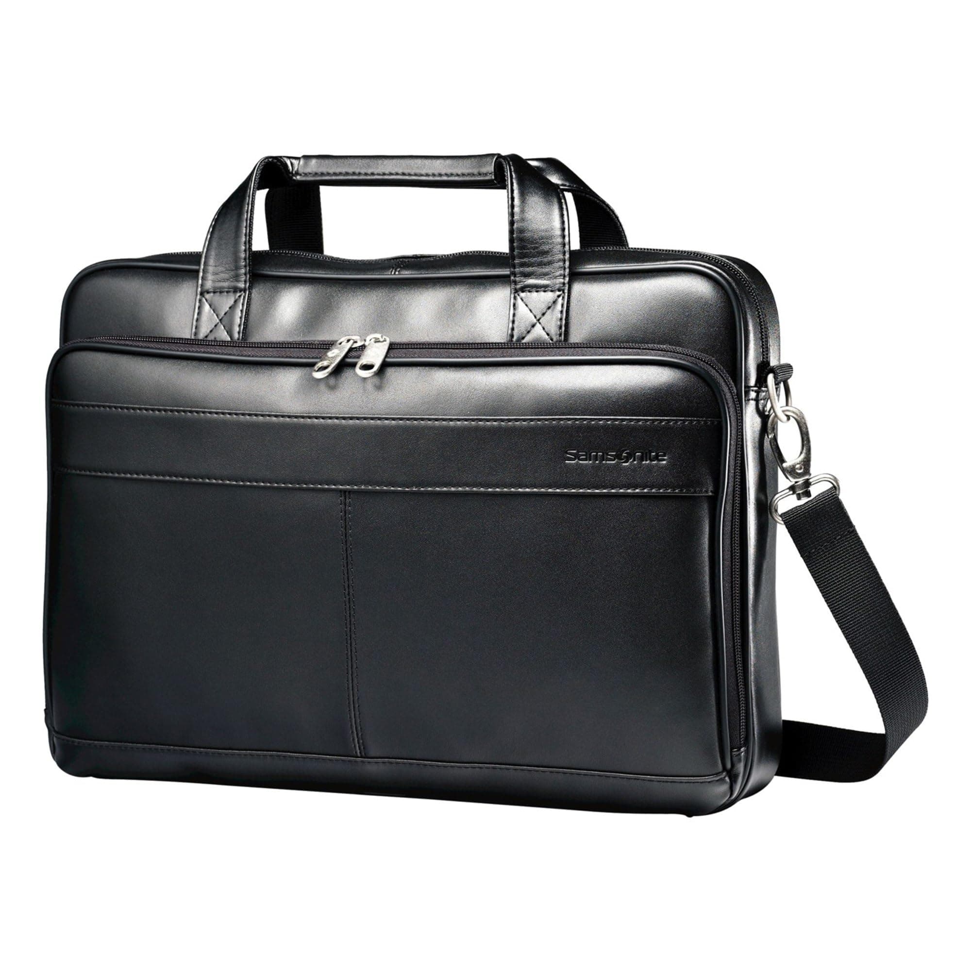 Leather Slim Briefcase, Black, 16 Inch