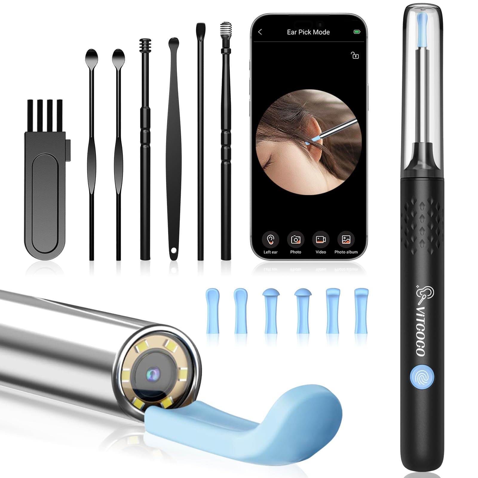 VITCOCO 1920P Earpick Camera, 3.5mm with Camera, Ultra Thin Lens, Earscope, Dustproof Cover, IP67 Waterproof Light, Temperature Control, 6 LED Lights, Wireless WiFi, Smoothing Ear Cleaning, Compatible