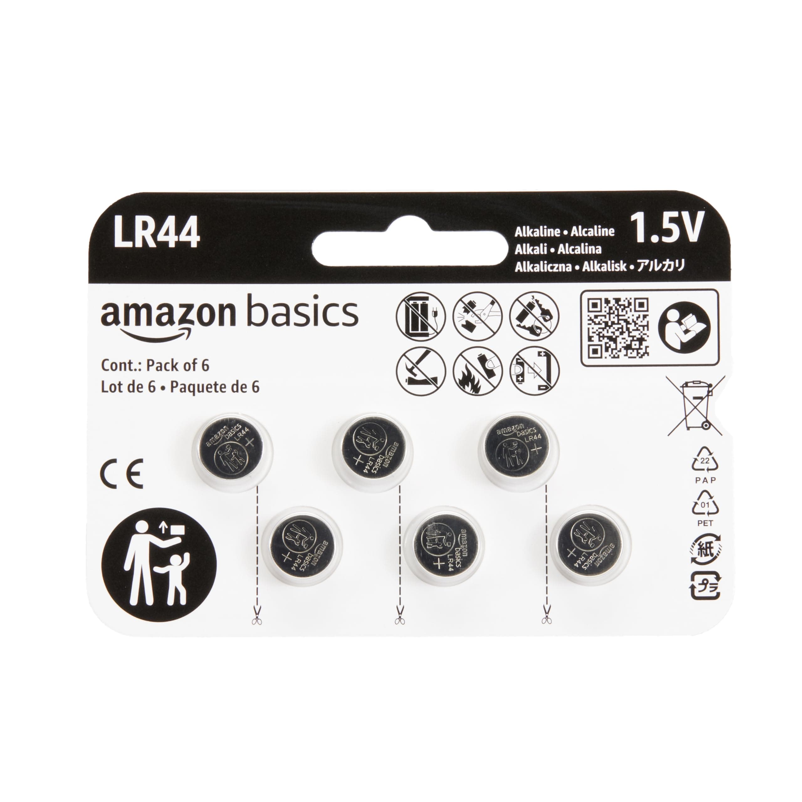 Amazon Basics 6-Pack LR44 Alkaline Button Cell Replacement Battery, 1.5 Volt, Long Lasting Power, Mercury-Free