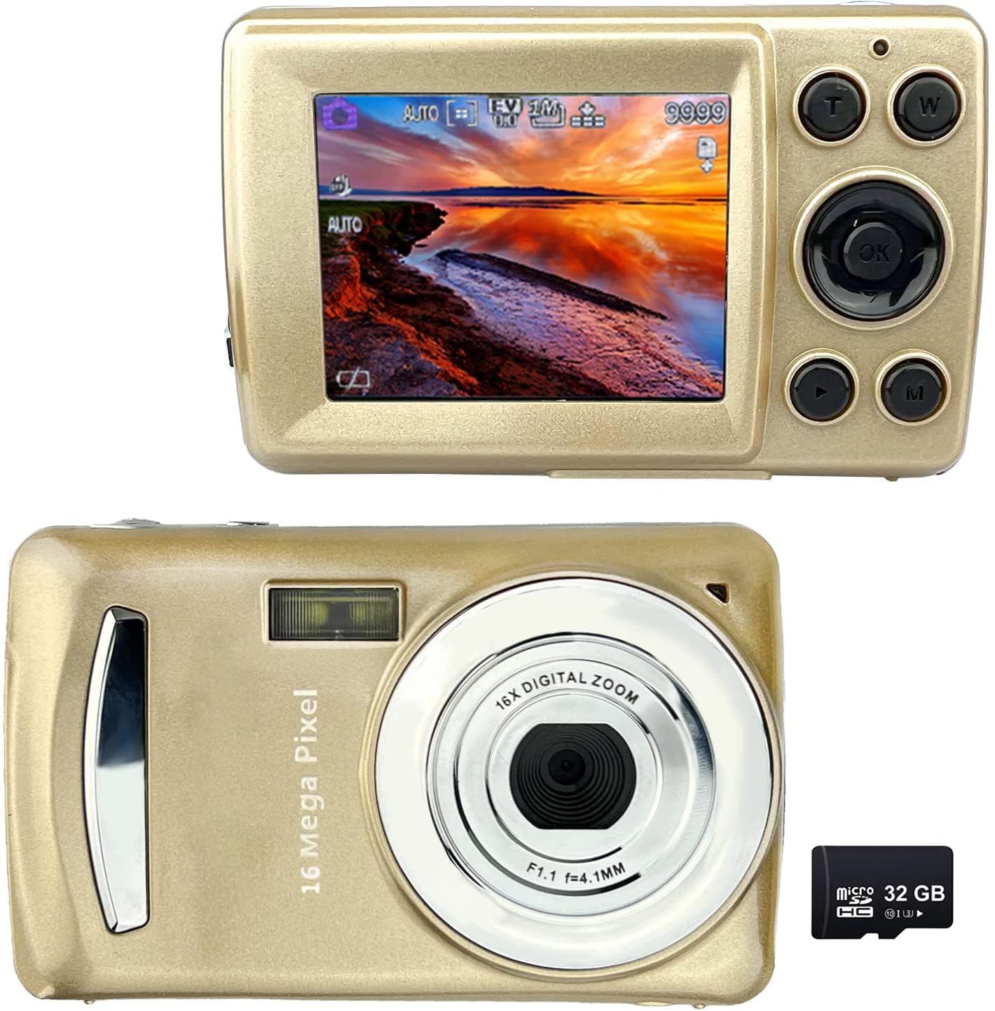 Acuvar 16MP Compact Digital Camera with 2.4" LCD Screen, 32GB Micro SD Card – Easy Point and Shoot Camera for Kids, Teens, Beginners & Seniors | USB Cable Included | Lightweight Travel (Gold)