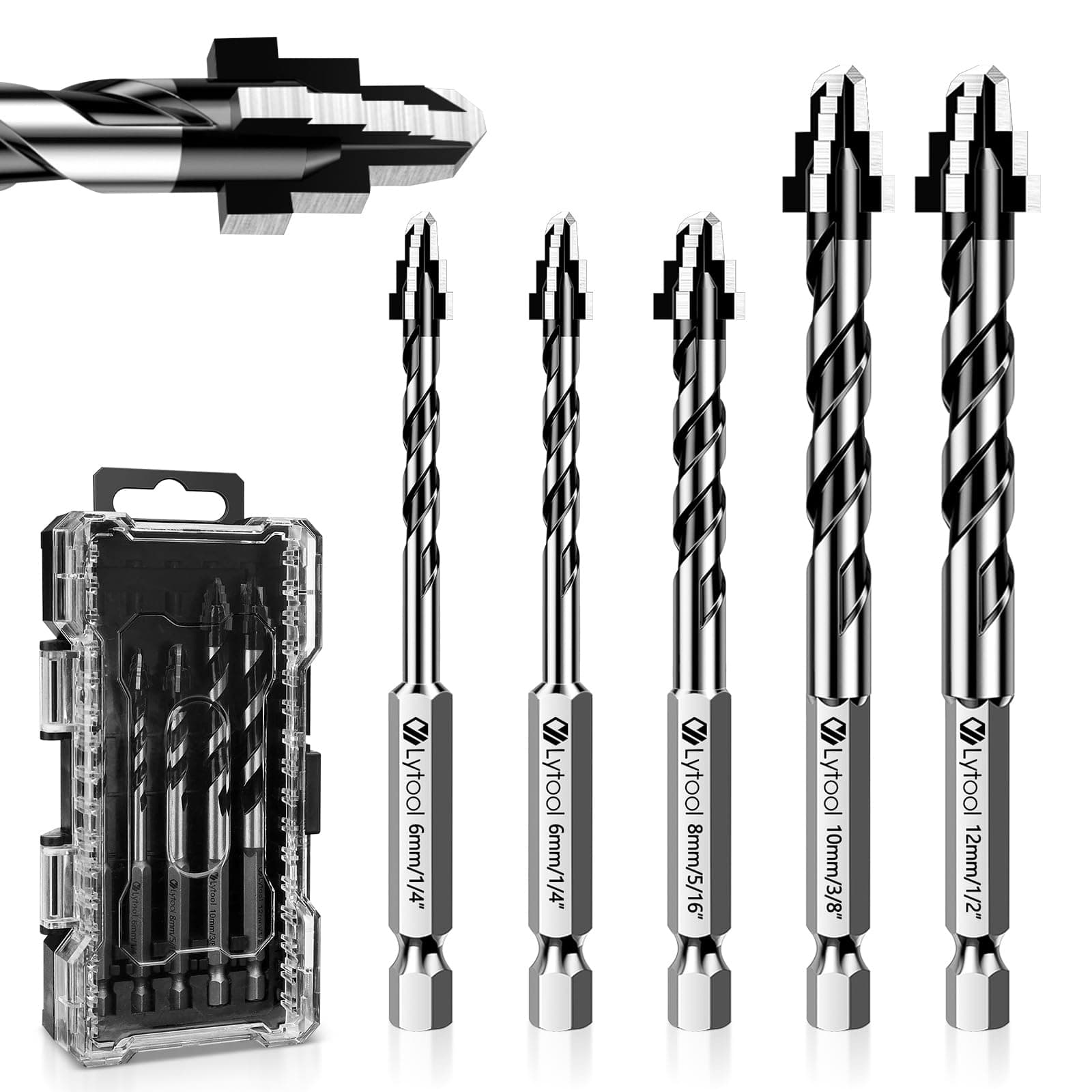 Tungsten Carbide Tile Drill Bit Set (1/4–1/2'' / 6–12mm) for Porcelain Ceramic Granite Glass Marble Wood, 1/4'' Hex Shank, 4-Cutter Eccentric Step Design, Dry & Wet Use— Metric+Imperial