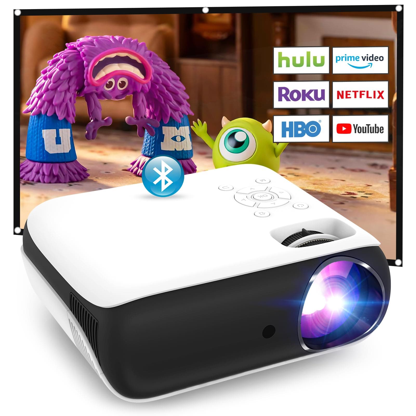 Projector, Full HD 1080P Projector, Bluetooth Projector 4K Supported, Portable Mini Projector Home Cinema, Home/Outdoor Projector Compatible with Smartphone/HDMI/USB/AV/Fire Stick/PS5