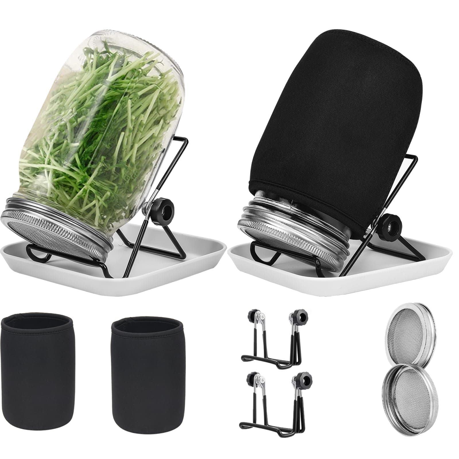 Hisredsun Seed Sprouting Jar Kit, 2pcs 1000ml Wide Mouth Quart Mason Jars with Stainless Steel Screen Sprout Lids,86mm Caliber,with Tray,Stand,Shading Cloth and Canning Brush,for Making Seeds Sprouts