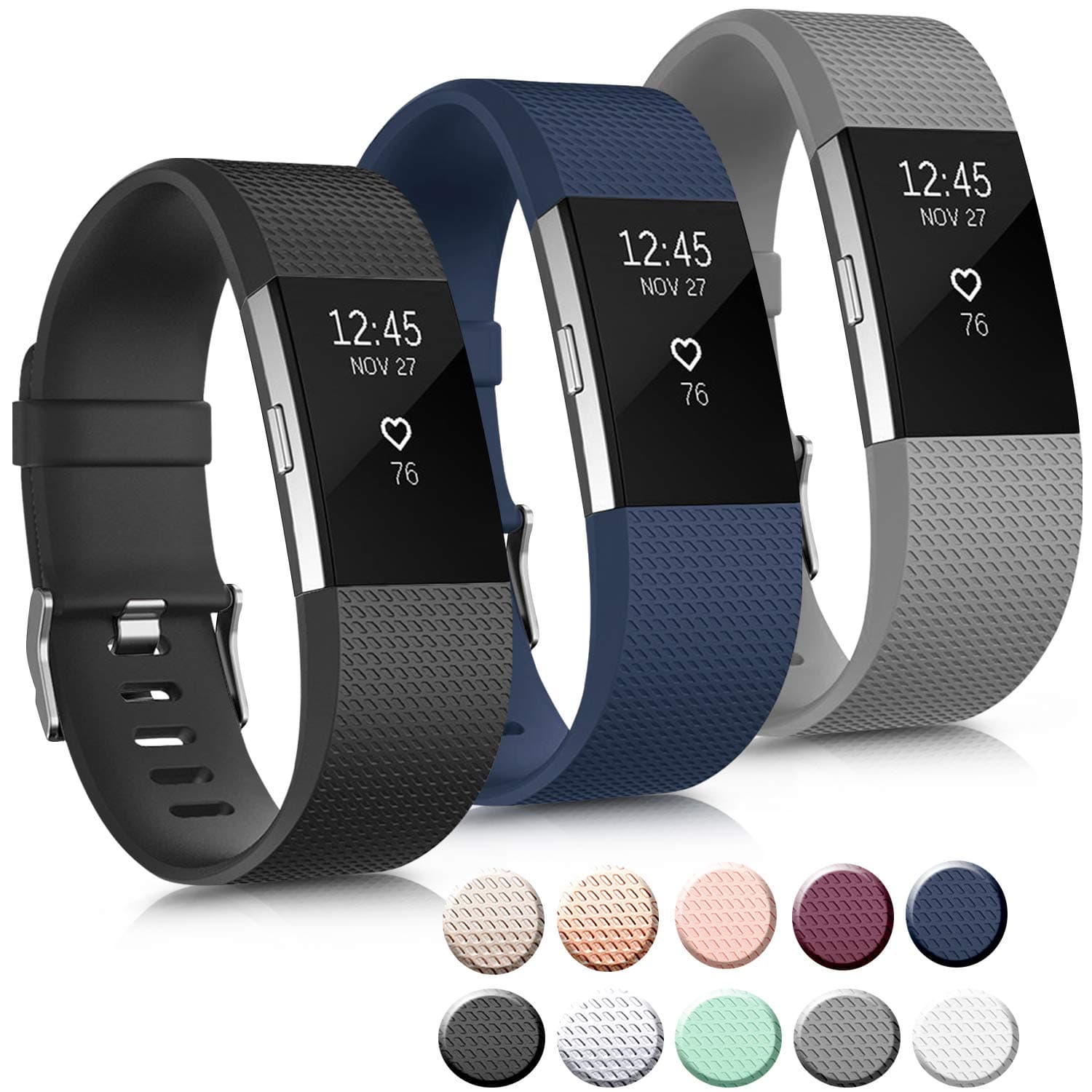 3 Pack Sport Bands Compatible with Fitbit Charge 2 Bands Women Men, Adjustable Replacement Strap Wristbands for Fitbit Charge 2 HR Small Large (Large, Black/Navy Blue/Gray)