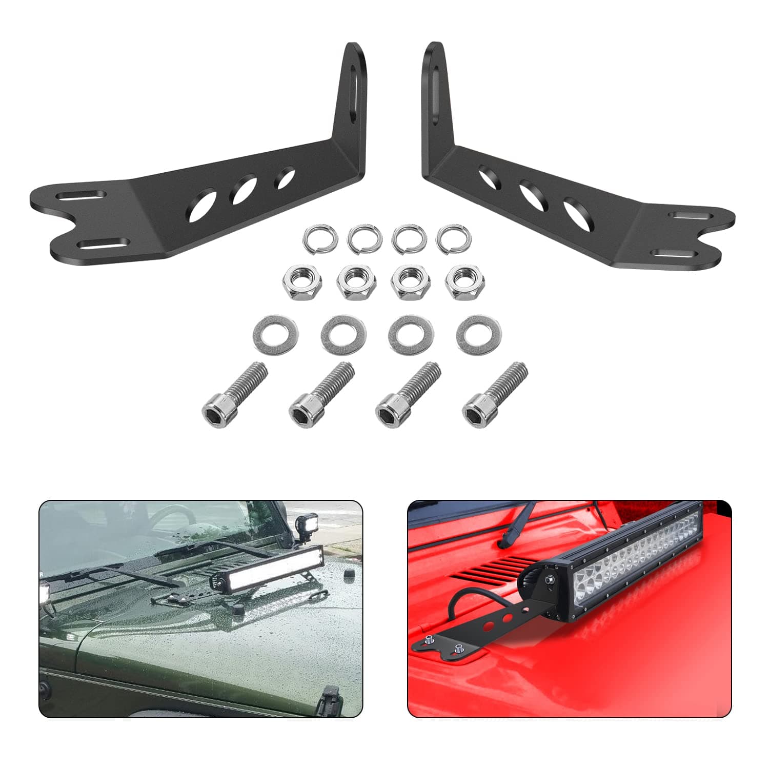 2PCS Hood Mounting Brackets for 20” LED Light Bar on Jeep Wrangler JK 2007-2017, 2 Years Warranty (90040B), Black