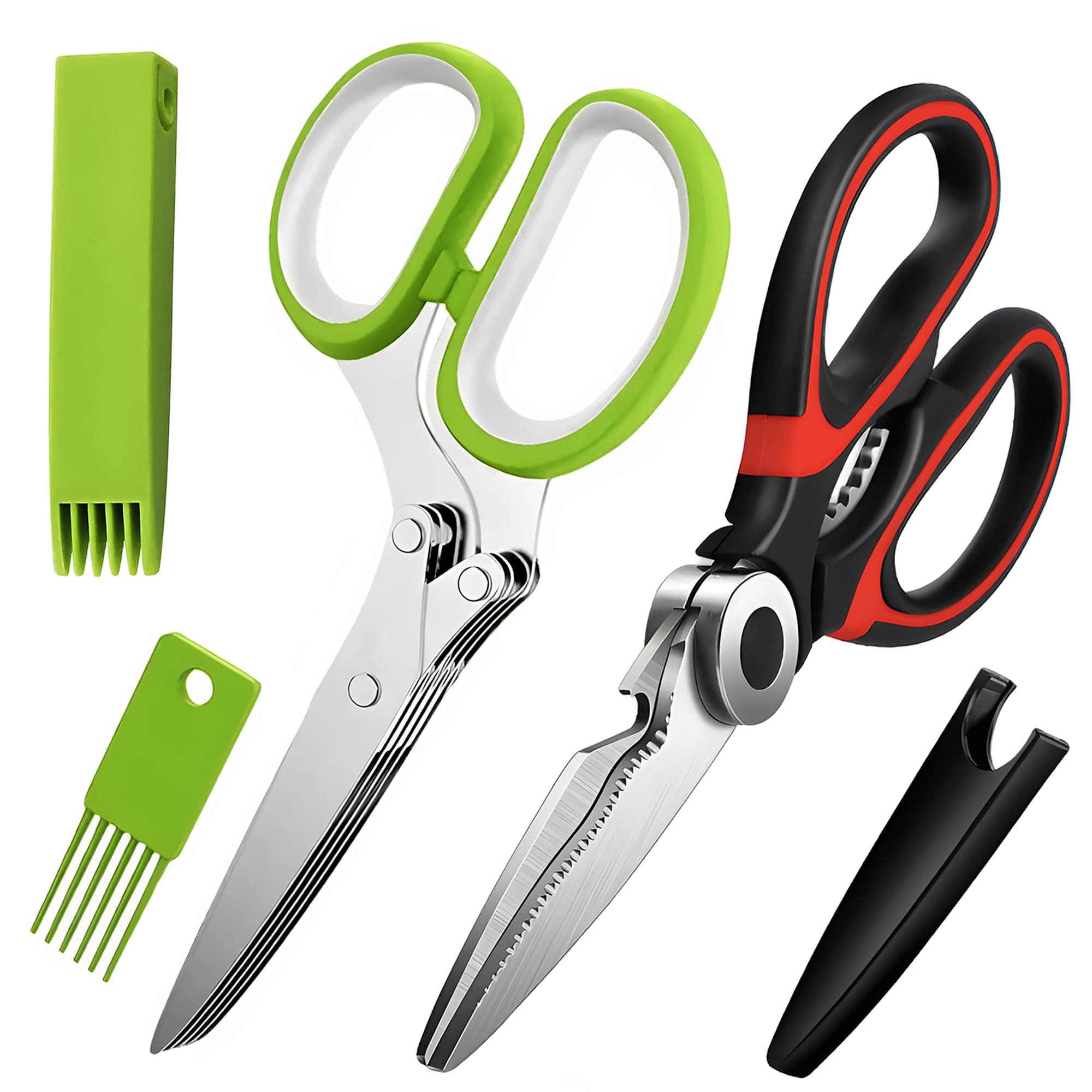 Kitchen Shears Set - 5 Blade Herb Scissors & Heavy-Duty Kitchen Scissors for Meat, Poultry, Salad & Vegetables - Dishwasher Safe - Multipurpose Stainless Steel Shears with Safety Covers - 2 Pack