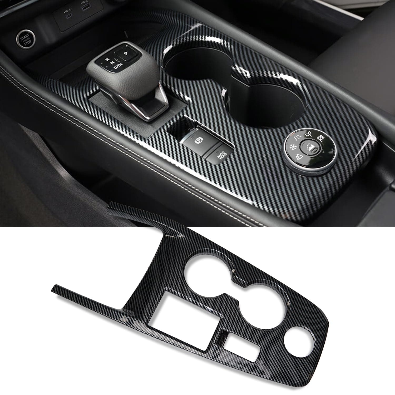Central Console Gear Shift Panel Cup Holder Cover Fit for Nissan Rogue 2024 2023 2022 2021 with Media Control Knob - Rogue Interior Accessories Frame Trim, Stick-On（Carbon Fiber Print）