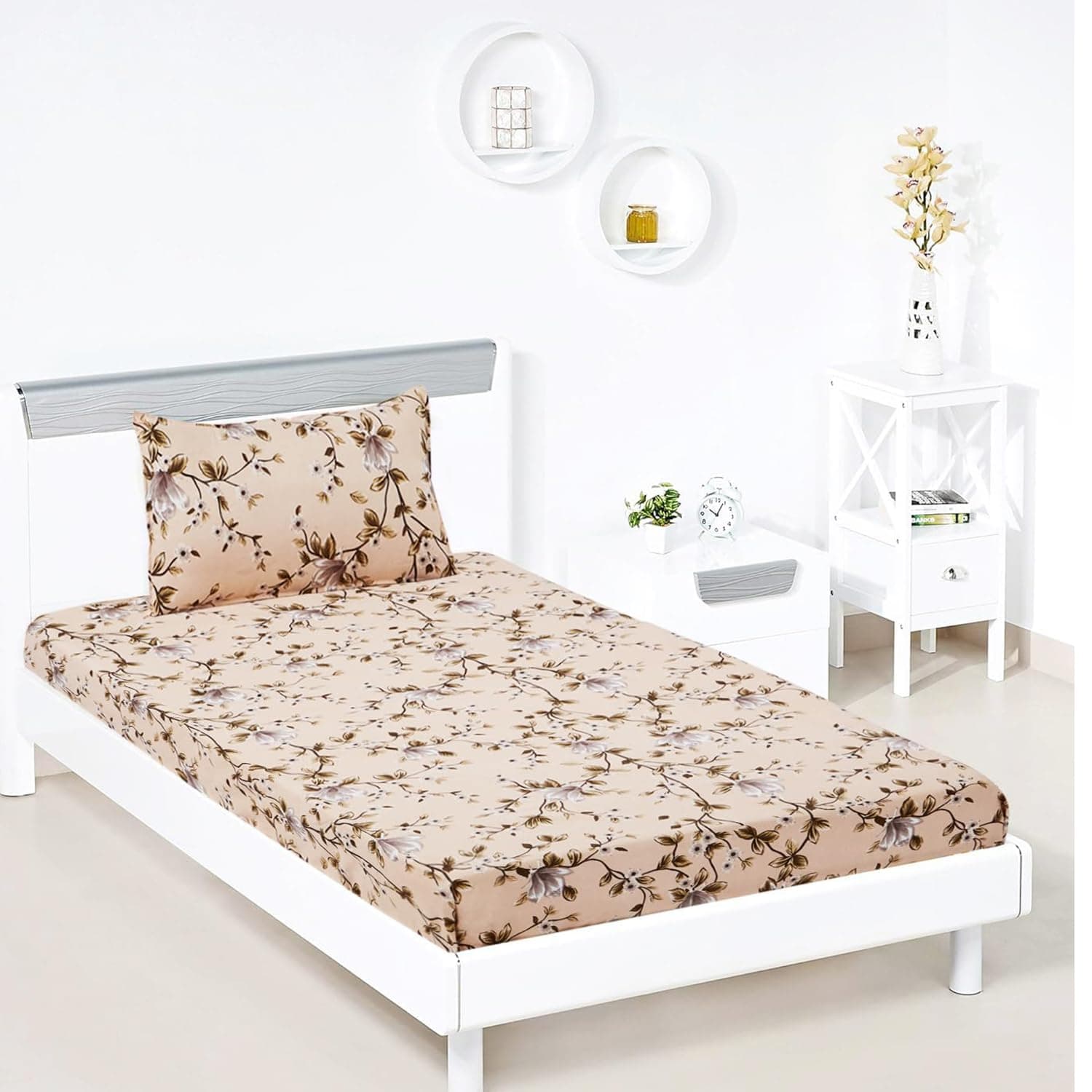 Amazon Brand - Solimo Super Soft Polyester Single 120 Floral Bedsheet with 1 Pillow Cover | 95 GSM (Beige)