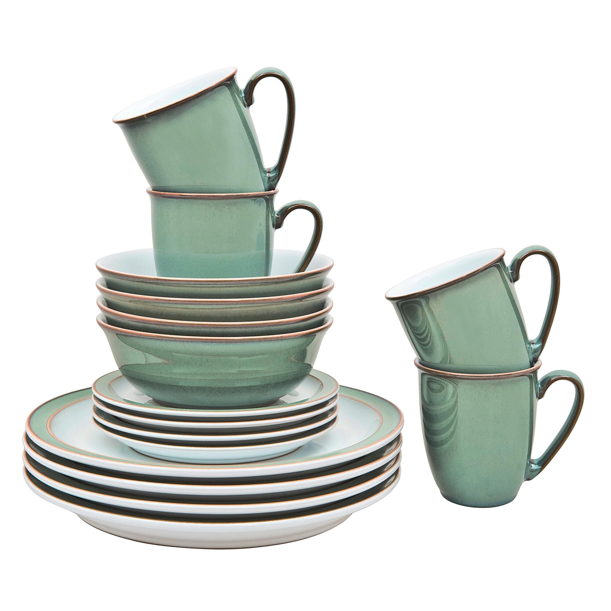 Denby - Regency Green Dinner Set For 4 - 16 Piece Ceramic Green, White Tableware Set - Dishwasher Microwave Safe Crockery Set - 4 x Dinner Plates, 4 x Small Plates, 4 x Cereal Bowls, 4 x Mugs