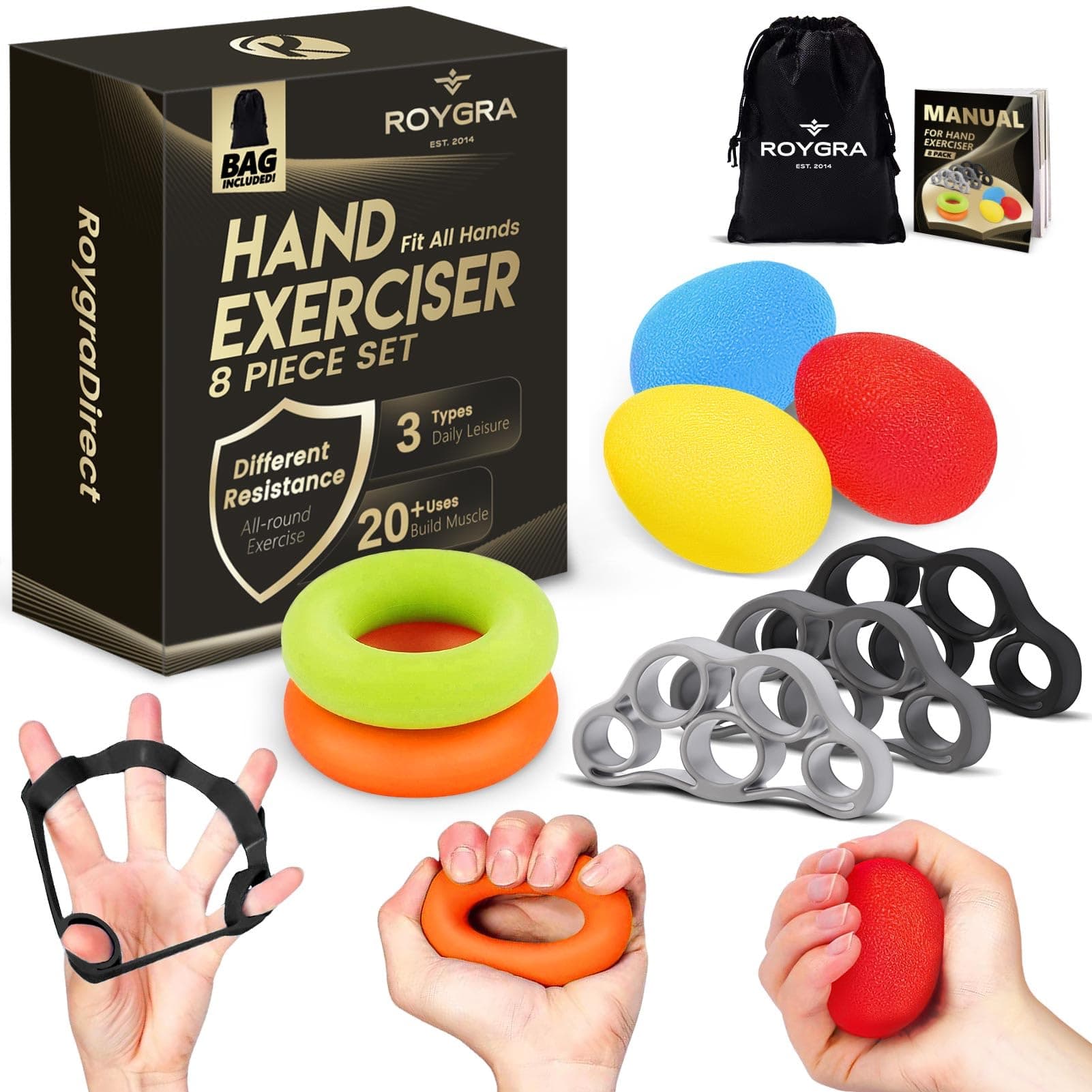 roygra Hand Grip Strengthener Workout Kit Set (9 Pack) Forearm Adjustable Gripper Finger Exerciser Stretcher Band Resistance Stress Relief Grip Ball