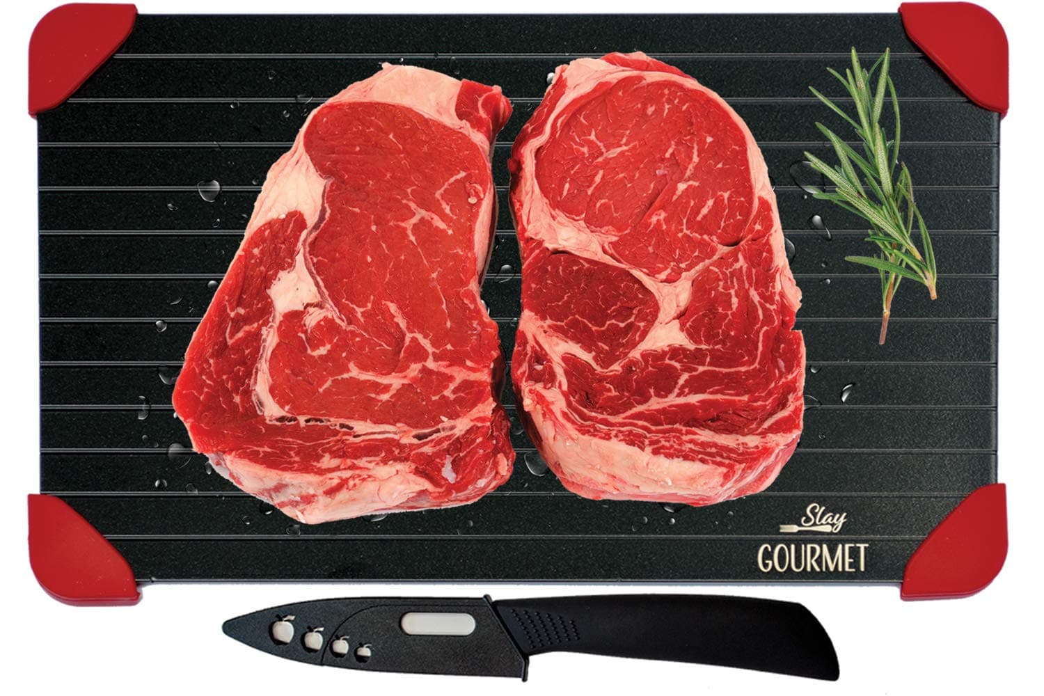 Defrosting Tray LARGEST Thawing Plate - PLUS Ceramic Knife. Rapid Defrost of Frozen Food. Quickly Thaw Meat, Bacon, Fish, Chicken and More. No Microwave or Hot Water Needed.