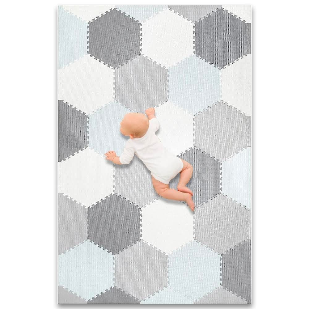 Baby Brielle Soft Non-Toxic Extra Thick Interlocking Hexagon 38 Tiles Foam Flooring for Babies and Toddlers - Exercise Mats for Crawling, Playing - Floor Mat for Nursery Room - 70.5"x46", Grey