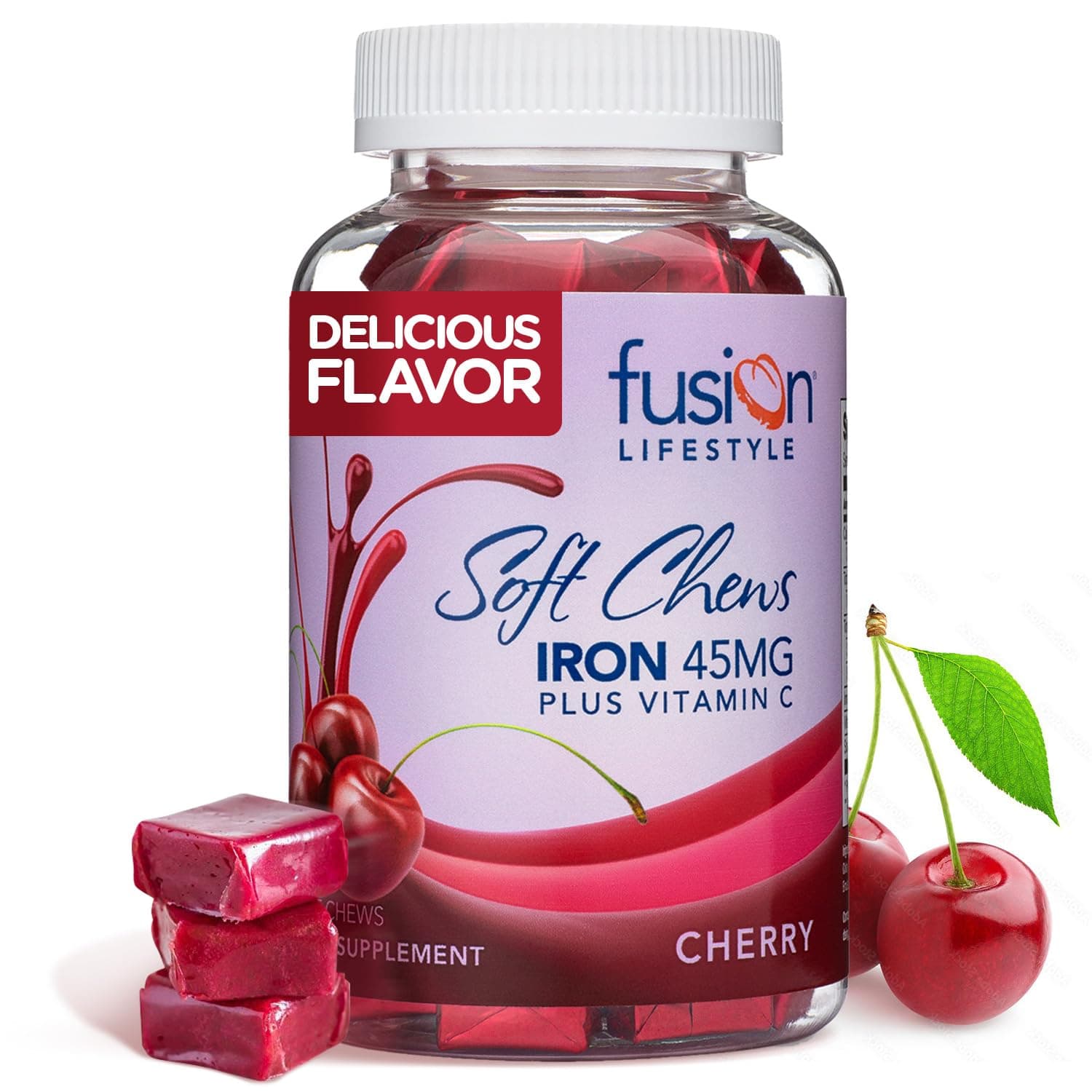 Chewable Iron Supplement for Women & Men - Cherry Flavor, Iron Vitamin C Soft Chew for Max Absorption, Iron as Ferrous Fumarate, Ideal for Anemia and Iron Deficiency, 2 Month Supply
