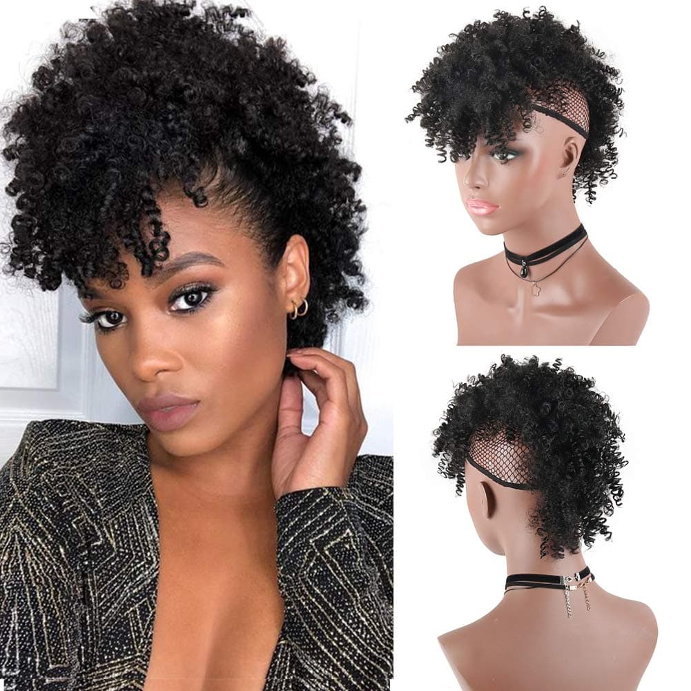Aisaide High Puff Afro Mohawk Ponytail with Bangs No Drawstring,Short Kinky Curly No Drawstring Ponytail Extension,Synthetic Clip in Mohawk Ponytail Bun with Bangs,Wrap Updo Clip in Hair Extensions