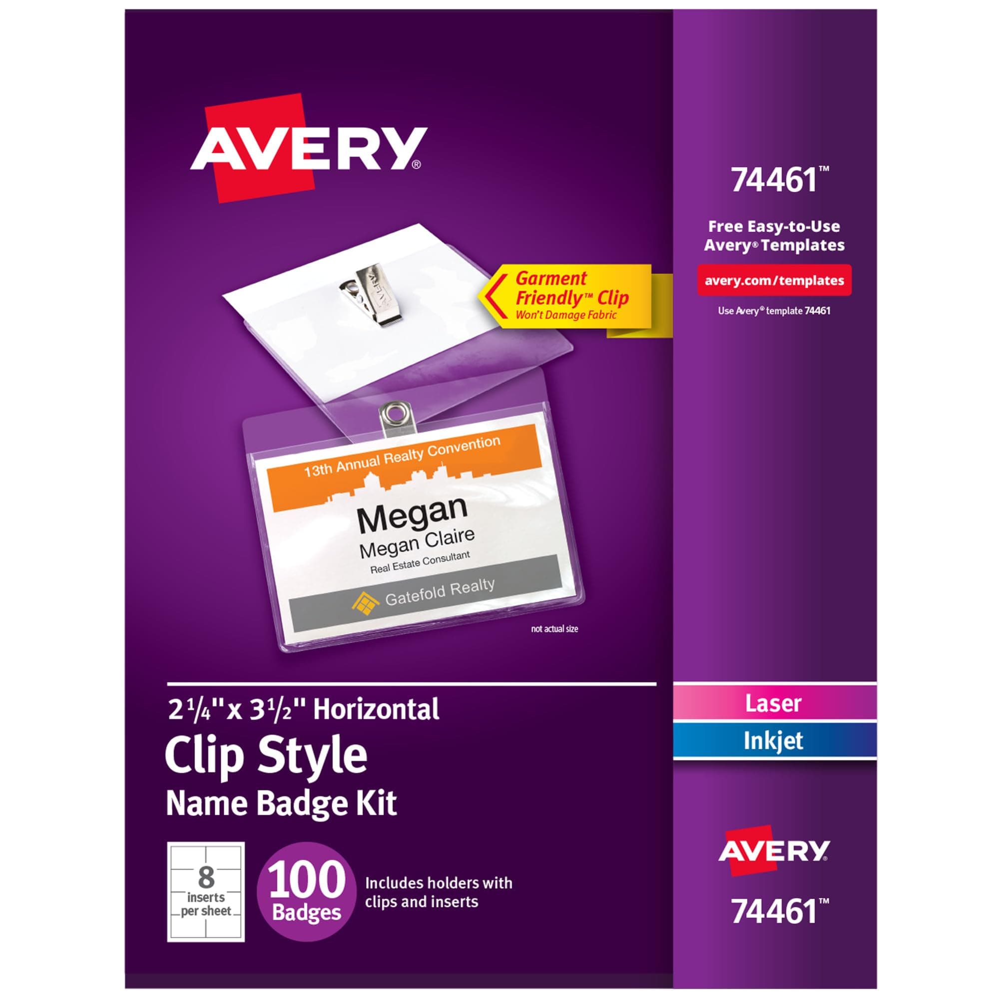 Avery Customizable Name Badges, Clip Style, 2.25" x 3.5", Clear Name Tag Holders, White Laser/Inkjet Printable Inserts, 100 Total (74461)