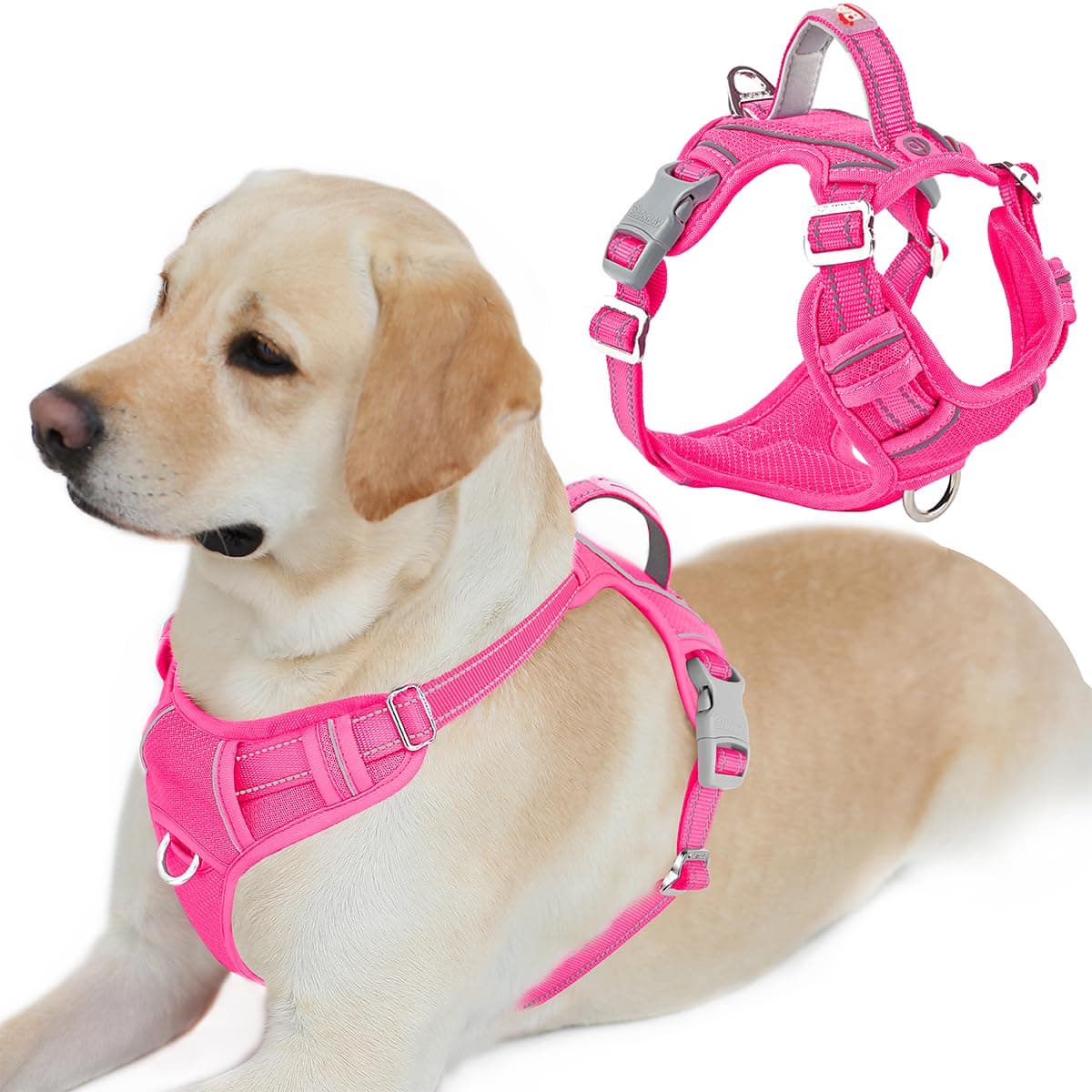 BARKBAY Dog Harness No Pull with ID Tag Pocket - Heavy Duty, Reflective, Easy Control for Large Dogs(Pink,L)