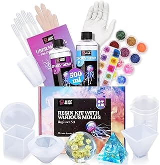 Epoxy Resin Kits for Beginners with Moulds, 500ml Epoxy Resin Crystal Clear Kit with Sphere, Cube, Pyramid, Square, Round Resin Moulds