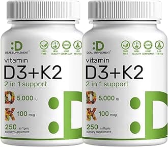 2 Pack Vitamin D3 5,000 IU + K2 MK7 Softgels, 500 Count | 2-in-1 Complex | Supports Heart, Bone, Teeth & Immune Health | Easy to Swallow