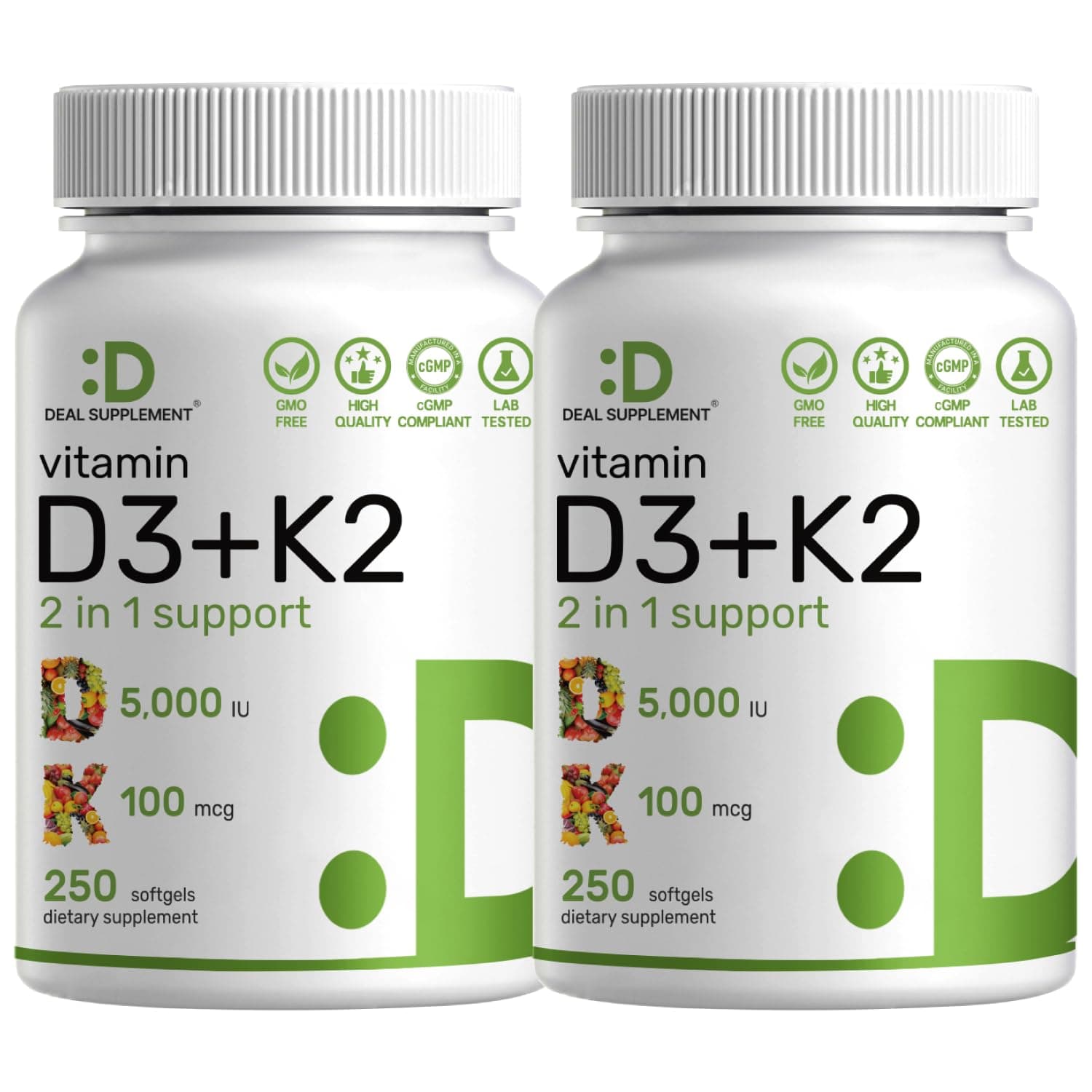 DEAL SUPPLEMENT 2 Pack Vitamin D3 K2 Softgel, 360 Counts, 2-1 Complex, Vitamin D3 5000 IU & Vitamin K2 MK7, Promotes Heart, Bone & Teeth Health - Very Easy to Swallow