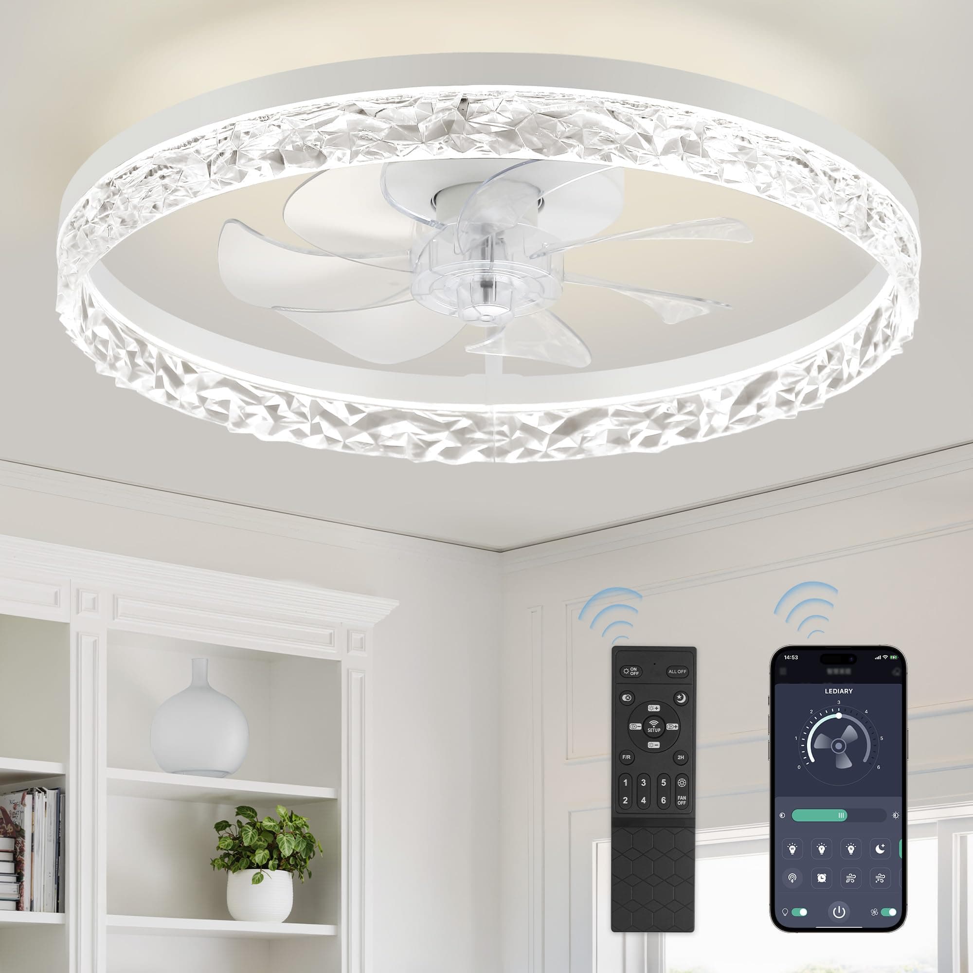 LEDIARY 20" Modern Ceiling Fans with Lights and Remote, Dimmable Low Profile Ceiling Fan, Flush Mount Ceiling Fan, Stepless Color Temperature Change and 6 Speeds - White