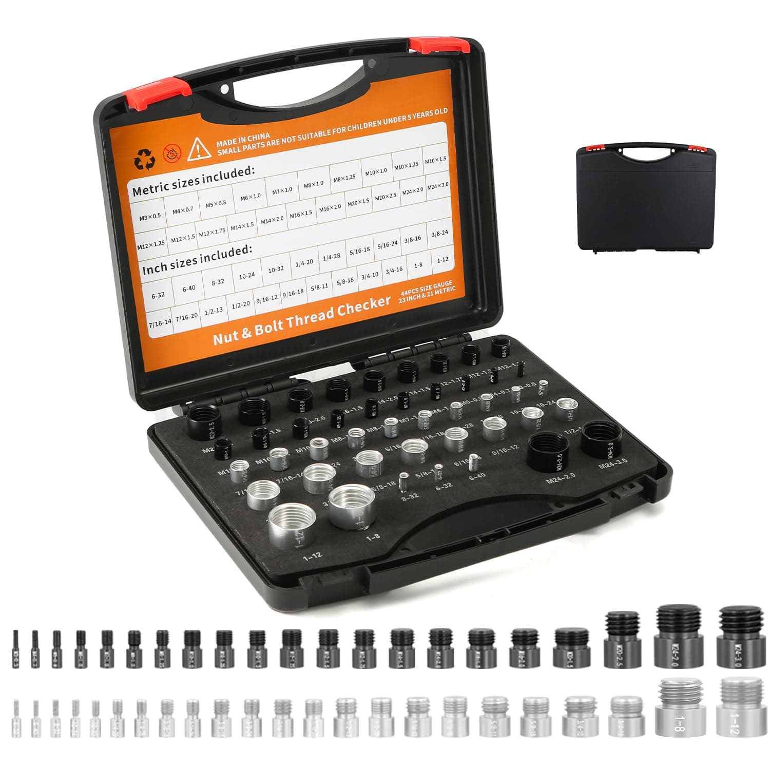 44pcs Nut and Bolt Thread Checker, 23 Inch & 21 Metric Male/Female Size and Thread Gauge Perfect for Recognizing Size on Tricky and Narrow Area Easy to Recognize