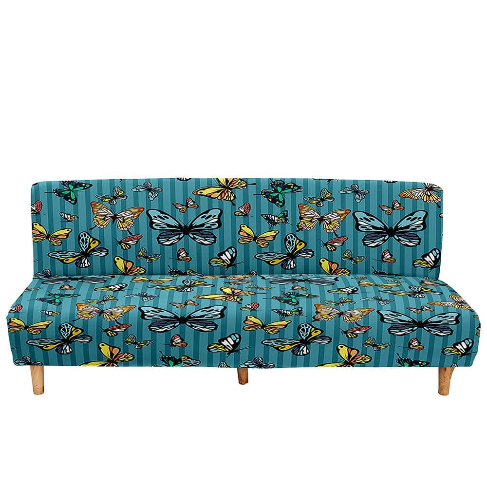Mateju Armless Sofa Bed Cover, Butterfly Pattern Folding Sofa Bed without Armrests, Non Slip Stretch Futon Slipcover Protector for 2-3 Seater, Washable Couch Bed Slipcovers (Peacock blue,190-230cm)