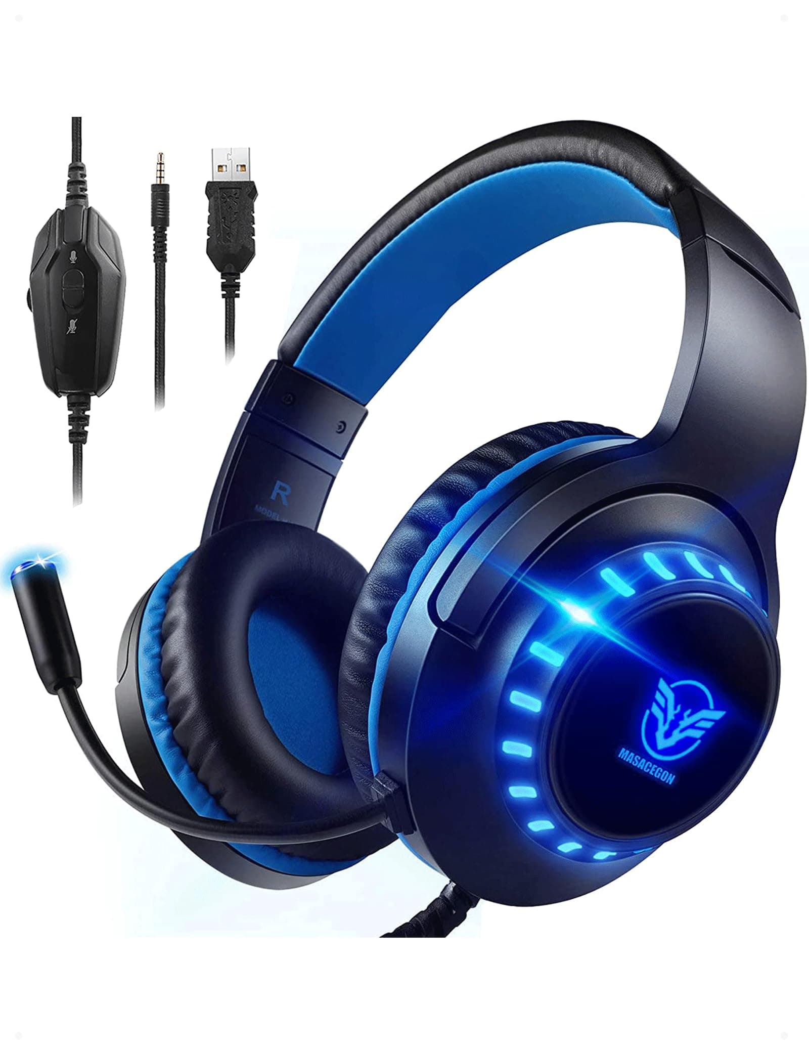 Pacrate Gaming Headset for PS4/PS5/Xbox One/Nintendo Switch/PC, PS4 headset with Microphone Xbox Headset with LED Lights, Noise Cancelling PS5 Headset for Kids Adults - Blue