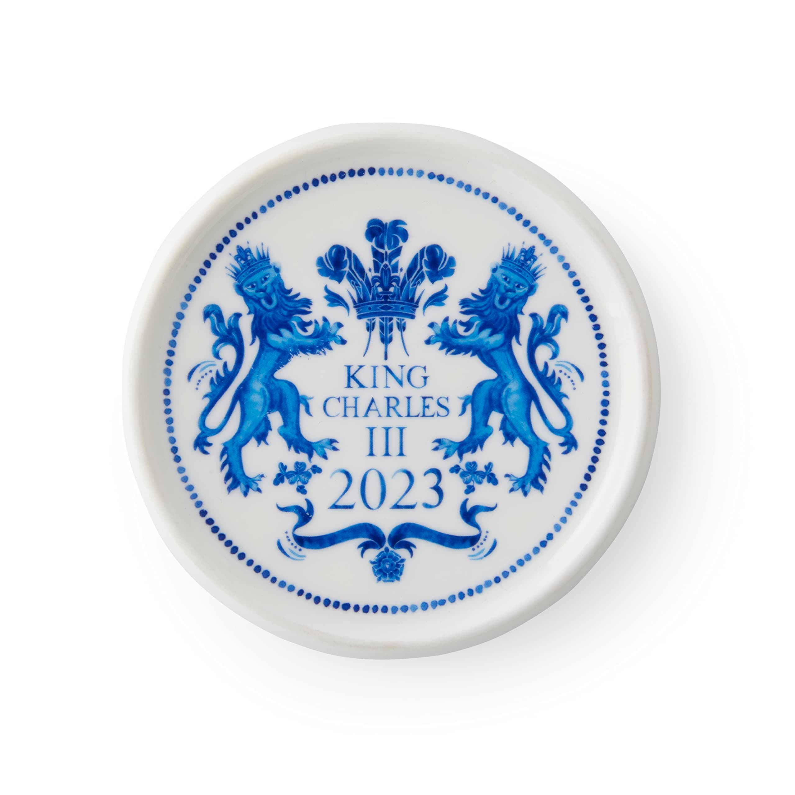 Spode King Charles III Coronation Single Round 10cm Coaster, Blue & White Pattern UK Made