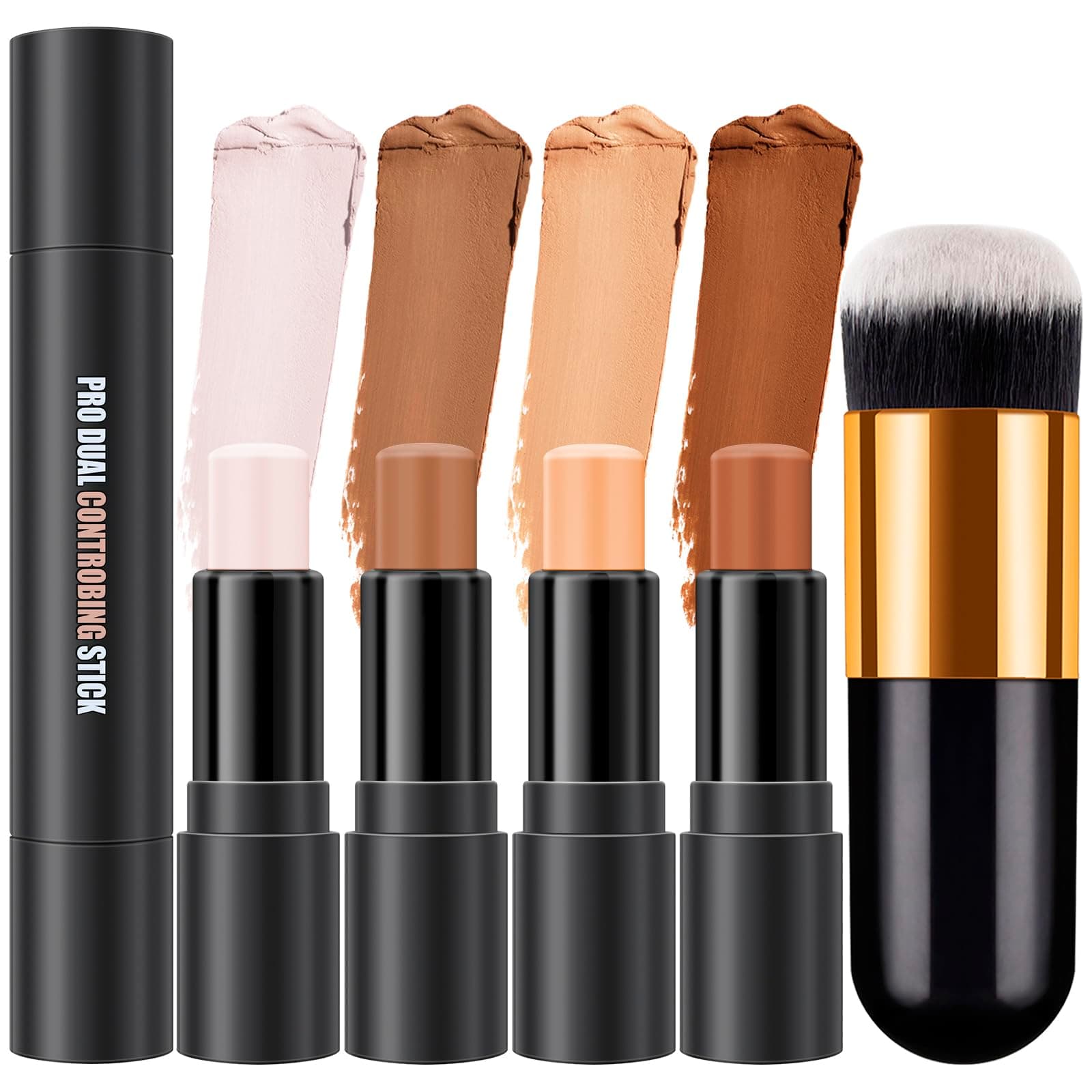 2Pcs Cream Contour Stick Makeup Set, 2 in 1 Multi-use Dual-end Beauty Wand with Contour and Highlighter Stick for Brightening and Sculpt the Face, LONGWEAR, WATERPROOF, Brush Include (01#+03#)