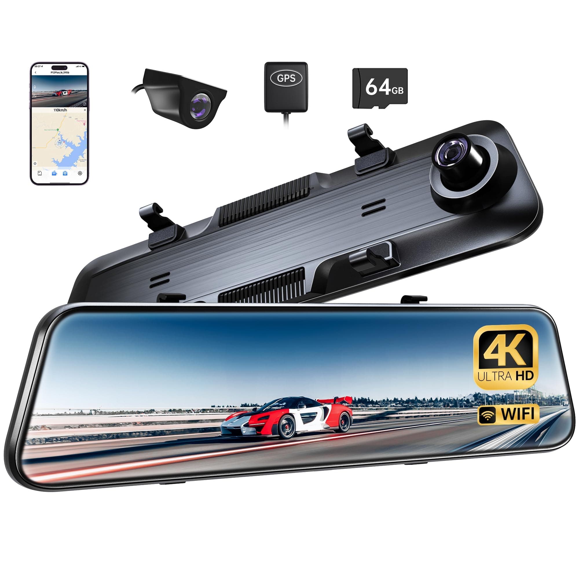 P12 Plus 4K Rear View Mirror Camera with ADAS and BSD, 5.8GHz WiFi Mirror Dash Cam Front and Rear, Backup Camera for Car, GPS, 64GB Card Included, WDR Night Vision, Voice Control, 12" Display