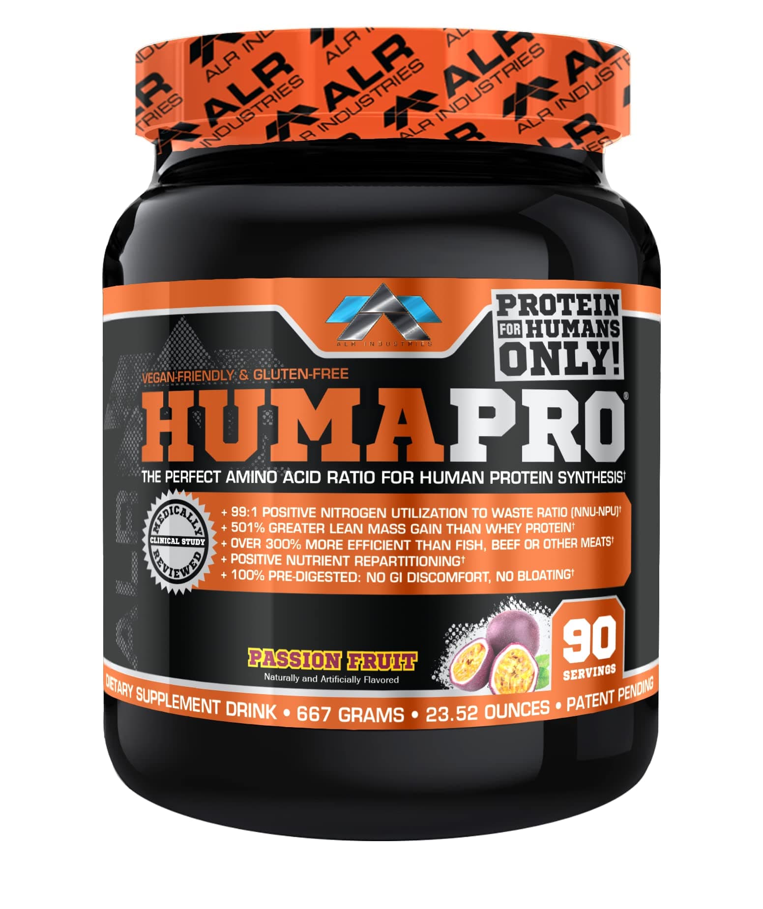 Humapro | Amino Acids Protein Matrix for Humans | 99% Utilization for Lean Muscle | Vegan, Gluten Free | 667g / 90 Servings (Passion Fruit)