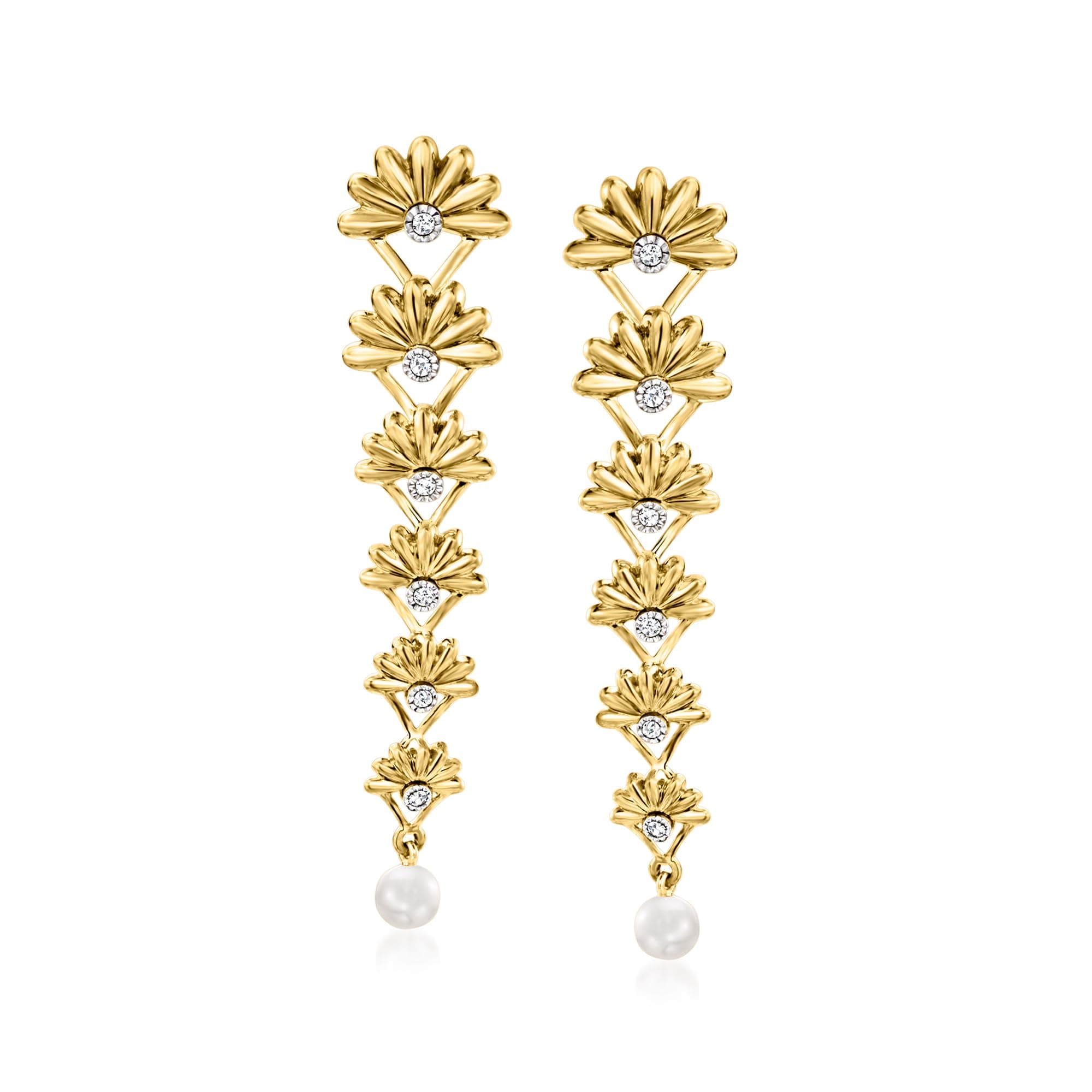 Ross-Simons0.10 ct. t.w. Diamond Linear Drop Earrings With 3.5-4mm Cultured Pearls in 18kt Gold Over Sterling